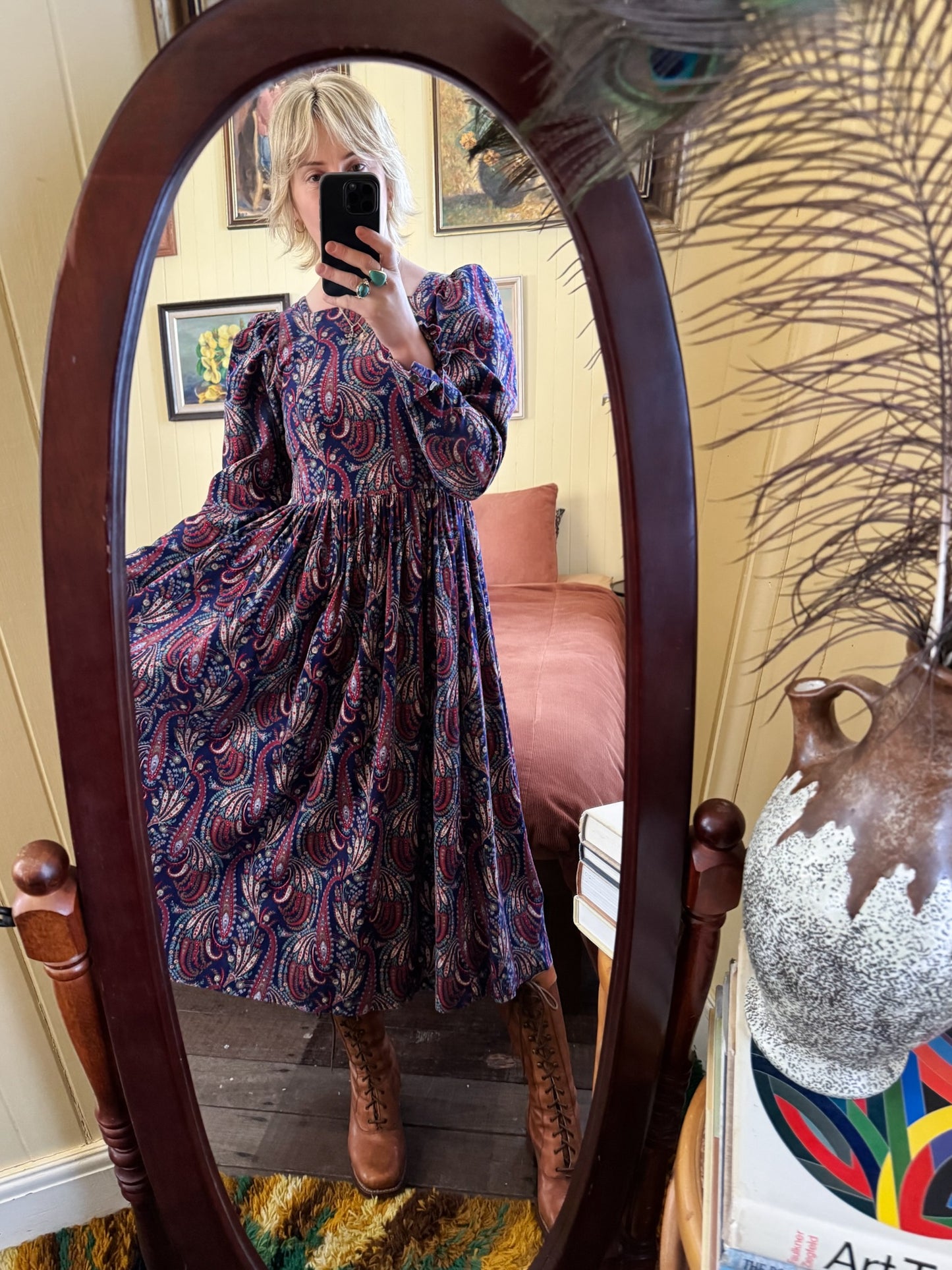 VINTAGE 1980S ENGLISH LAURA ASHLEY COTTON CORDUROY PAISLEY PRAIRIE DRESS S