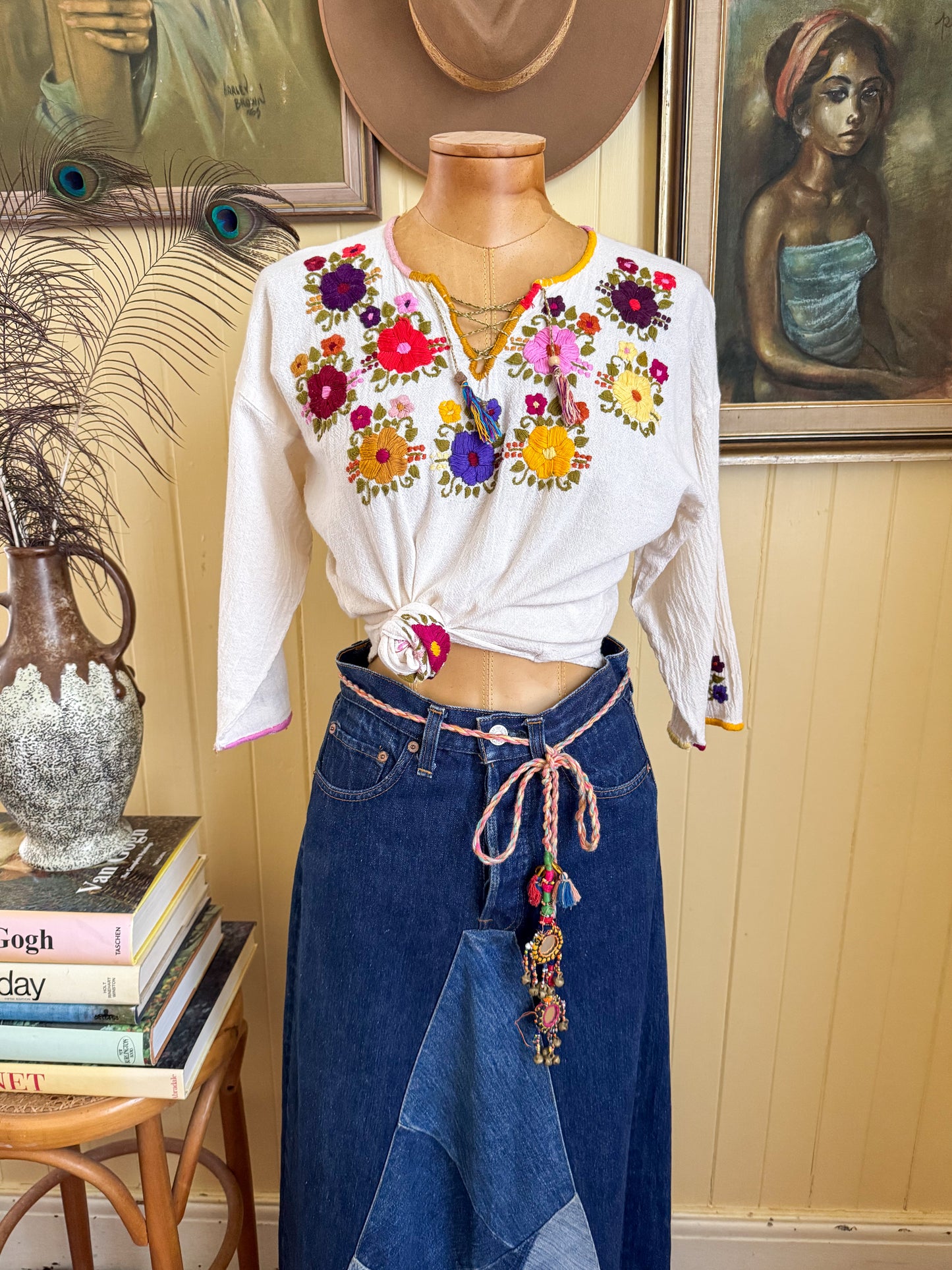 VINTAGE MEXICAN COTTON EMBROIDERED LONG SLEEVE FOLK BLOUSE S