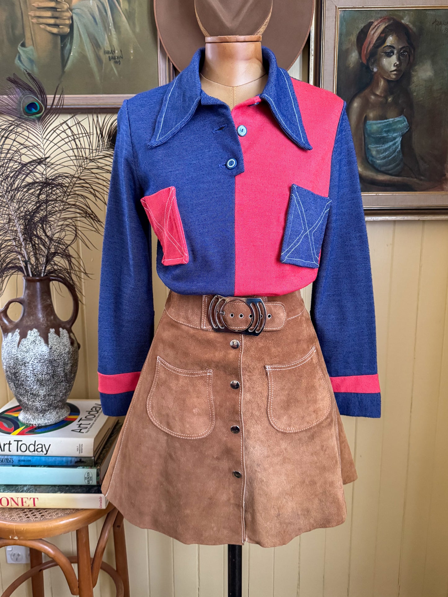 VINTAGE 1960S JULIAN HAYE COLOUR BLOCK COLLARED TUNIC TOP S
