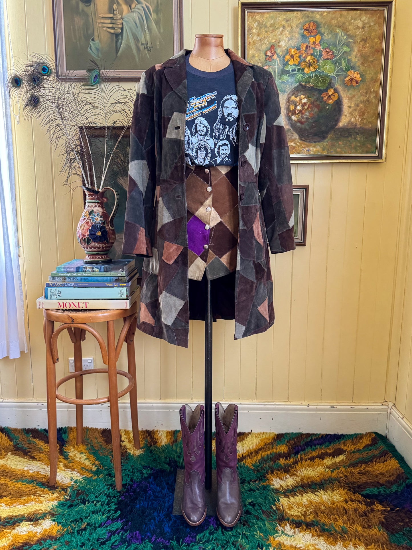 VINTAGE 1990S BEBE SUEDE LEATHER PATCHWORK TRENCH JACKET COAT S/M