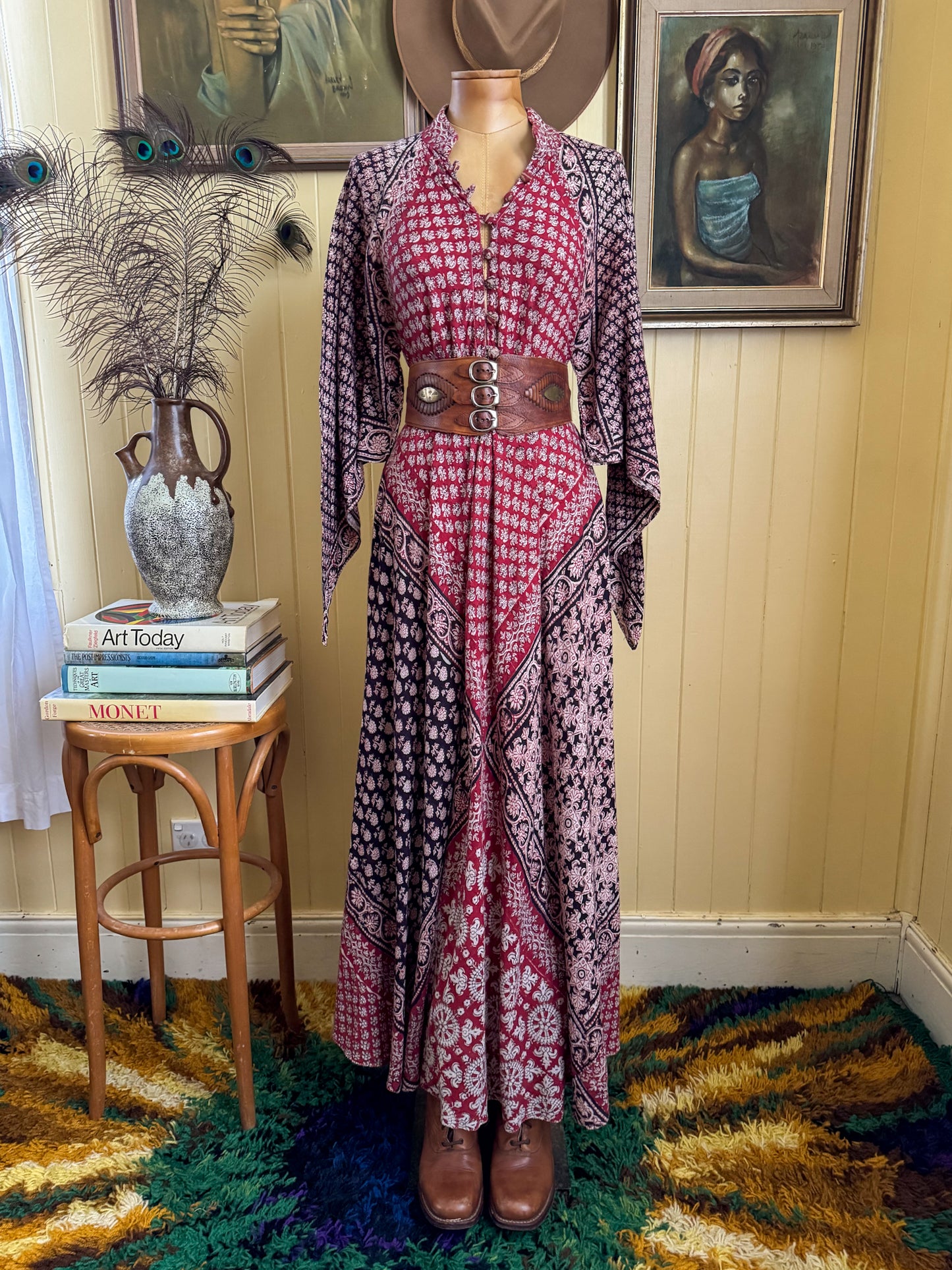 VINTAGE 1960S INDIA IMPORTS COTTON GAUZE BLOCK PRINT MAXI KAFTAN DRESS ONE SIZE