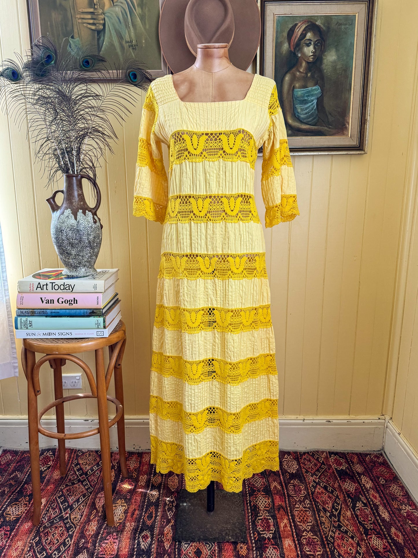 VINTAGE 1970S MEXICAN PINTUCK YELLOW COTTON CROCHET MAXI DRESS S