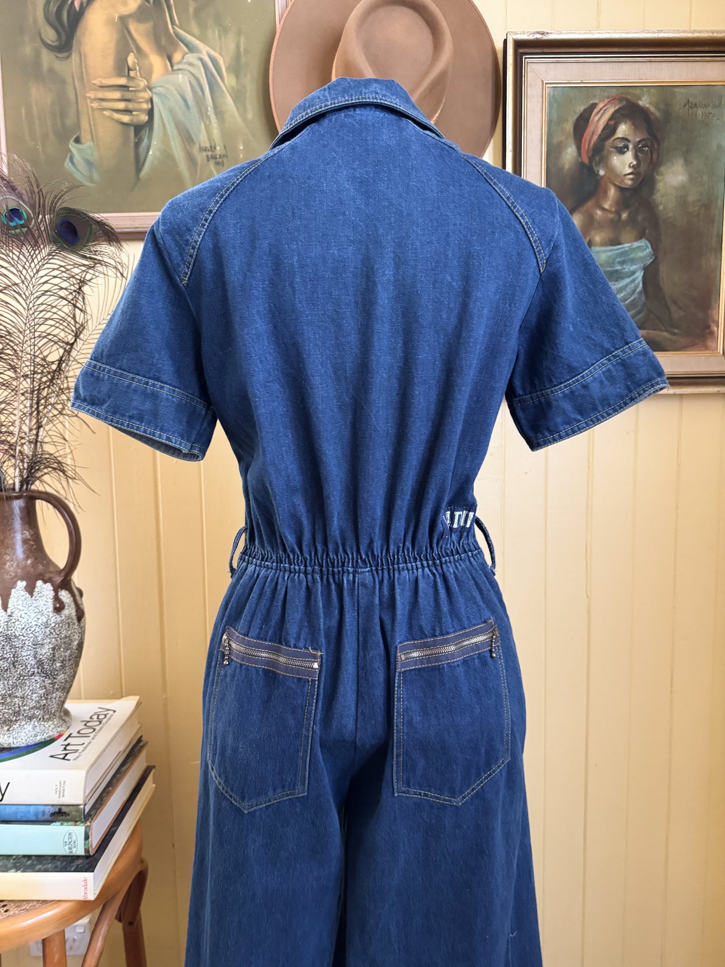 VINTAGE 1970S VADIM AUSTRALIAN COTTON DENIM WIDE LEG JUMPSUIT S/M