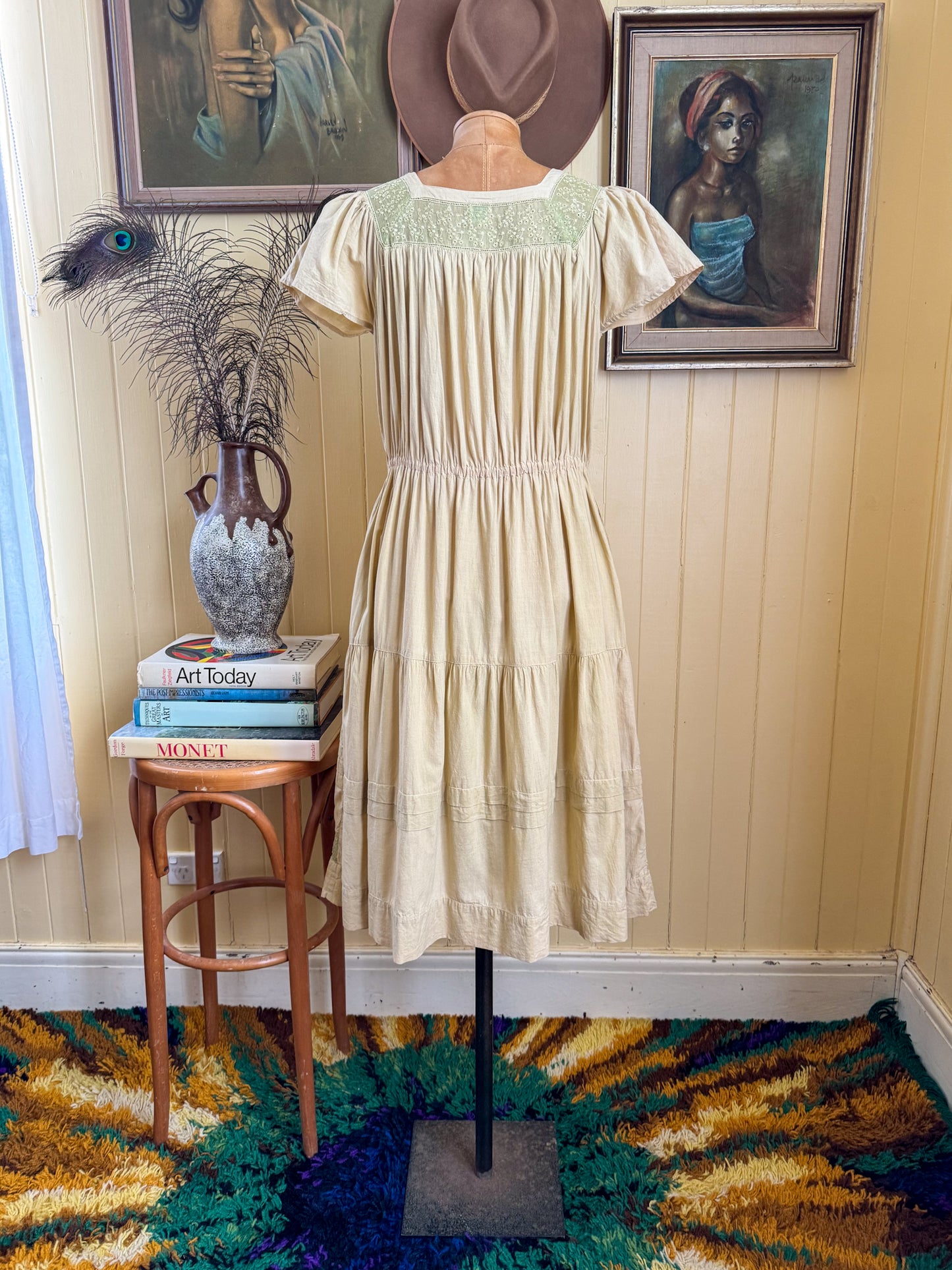 VINTAGE 1970S INDIAN COTTON LACE INSERT MIDI BUTTON DRESS S/M