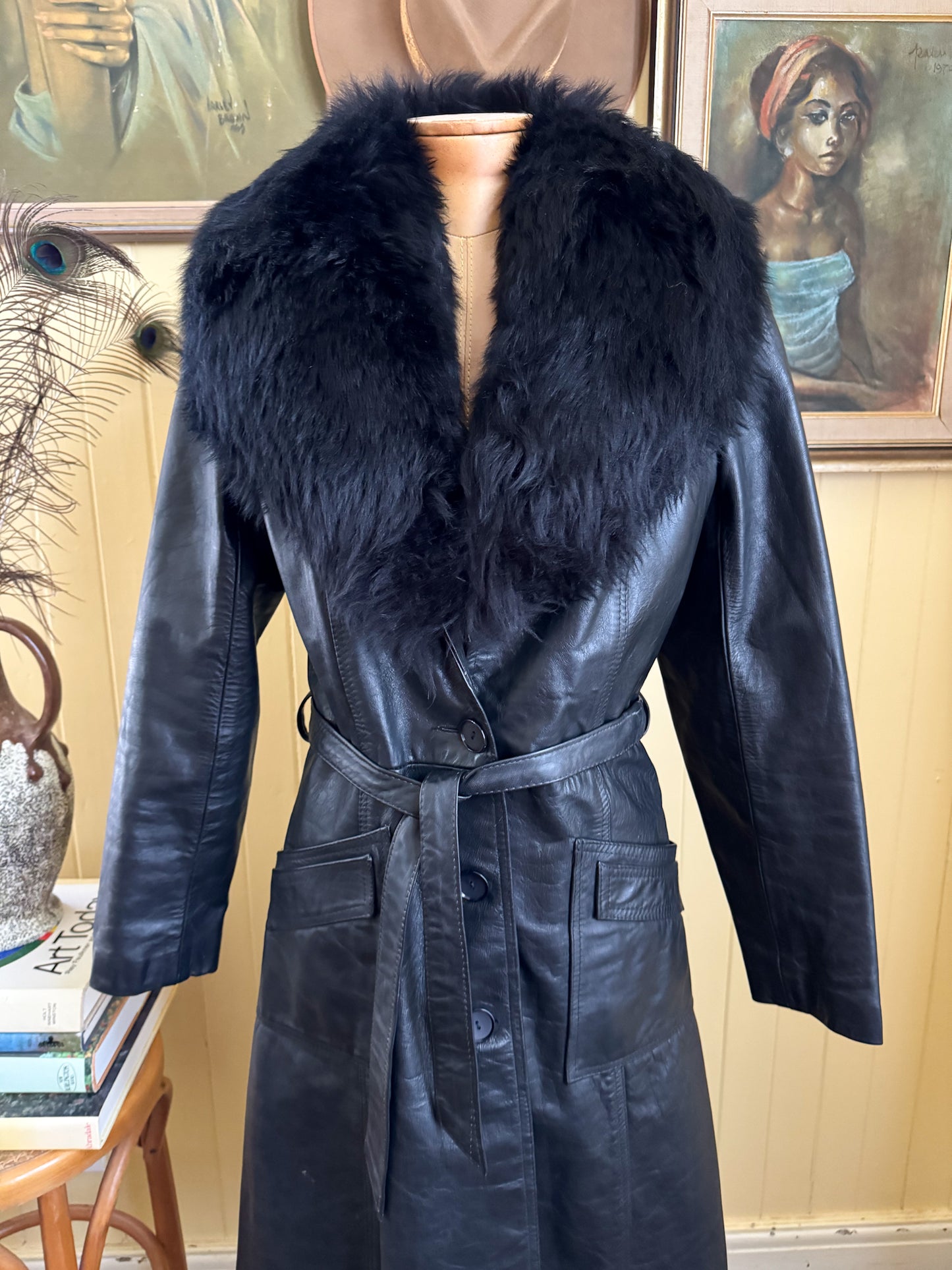 VINTAGE 1970S BLACK LEATHER PENNY LANE LONG SHEARLING COAT S