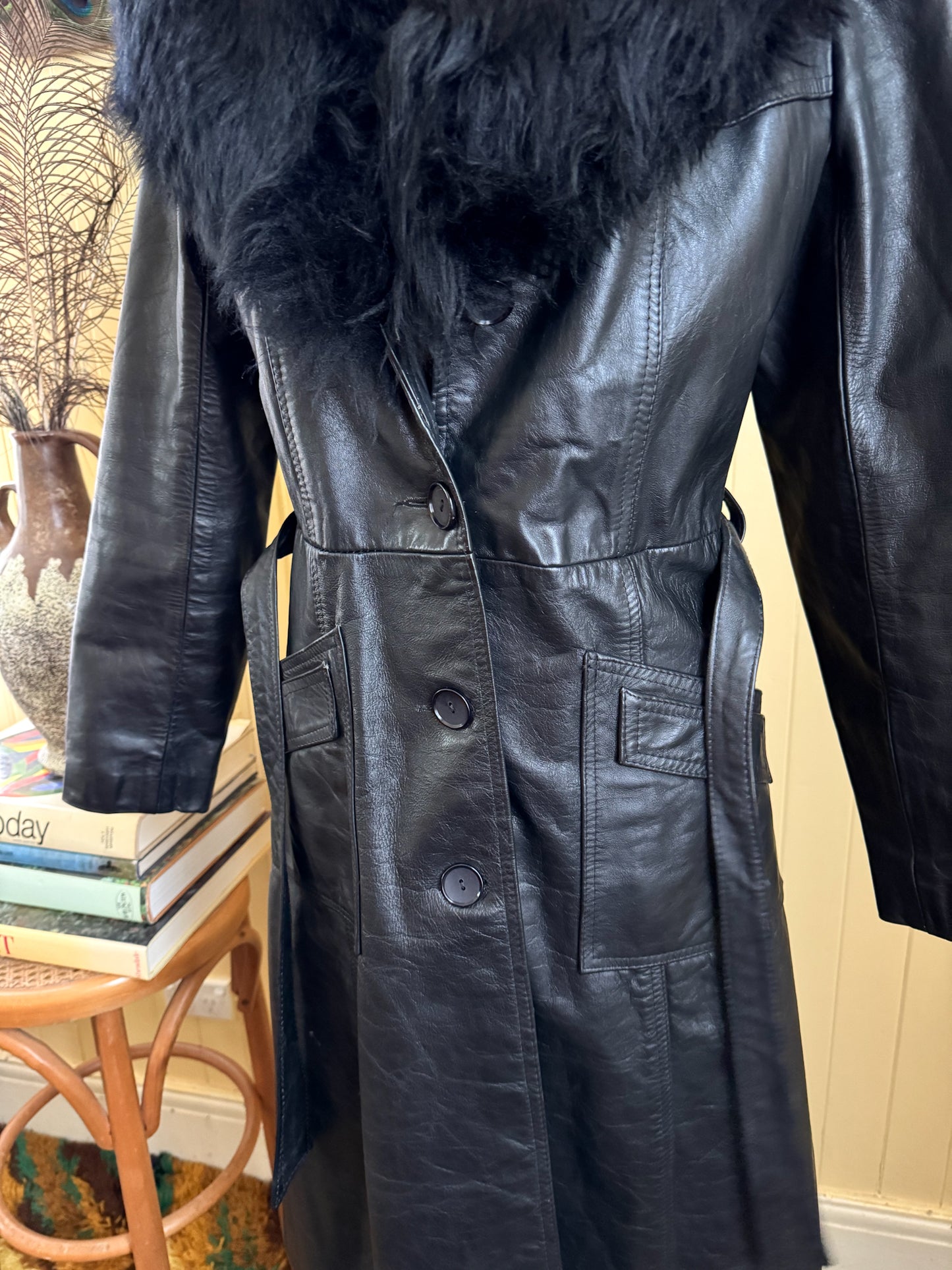 VINTAGE 1970S BLACK LEATHER PENNY LANE LONG SHEARLING COAT S