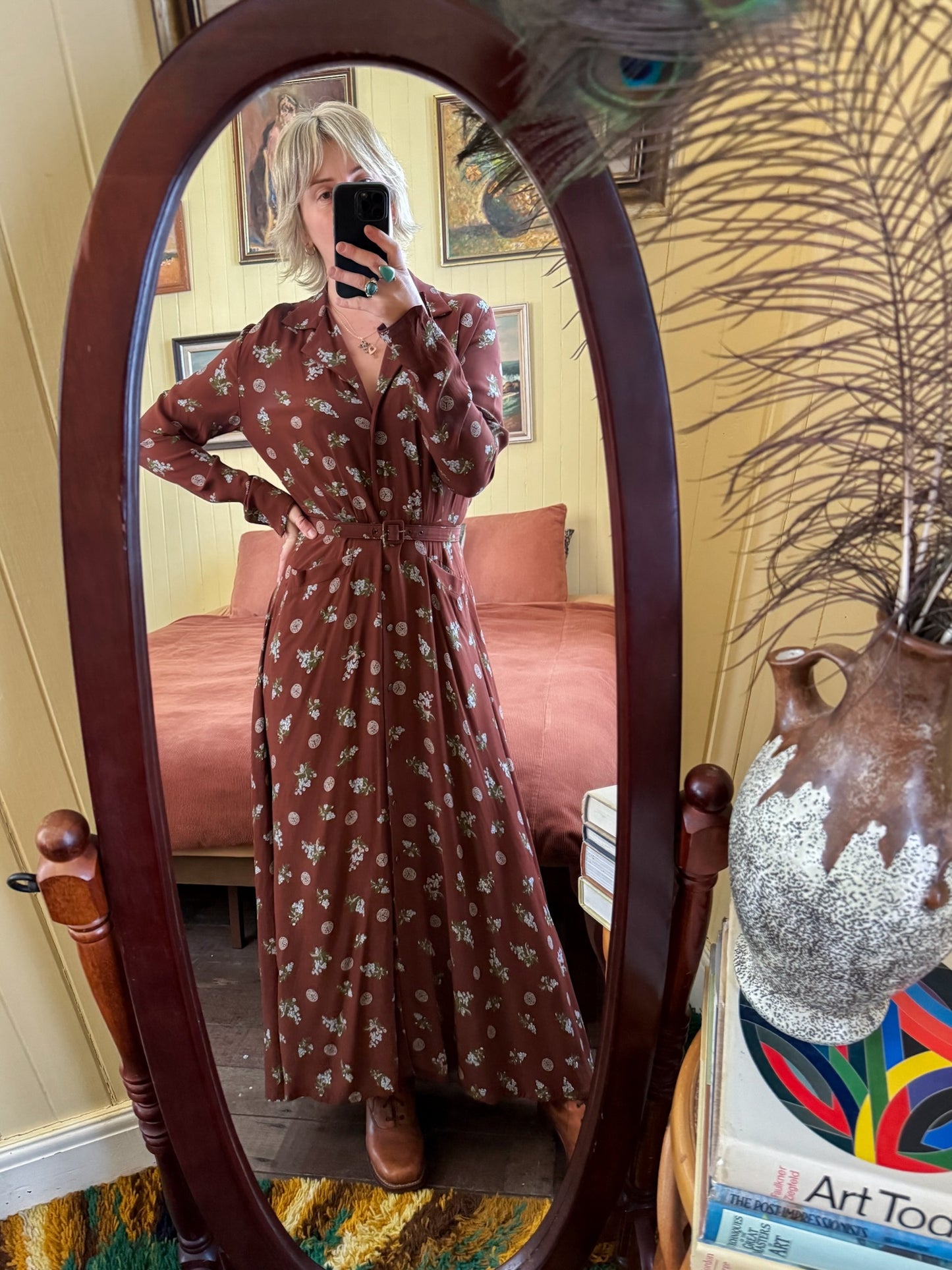 VINTAGE 1970S GAIL GARNER COLD RAYON FLORAL PRINT MAXI SHIRT DRESS M/L