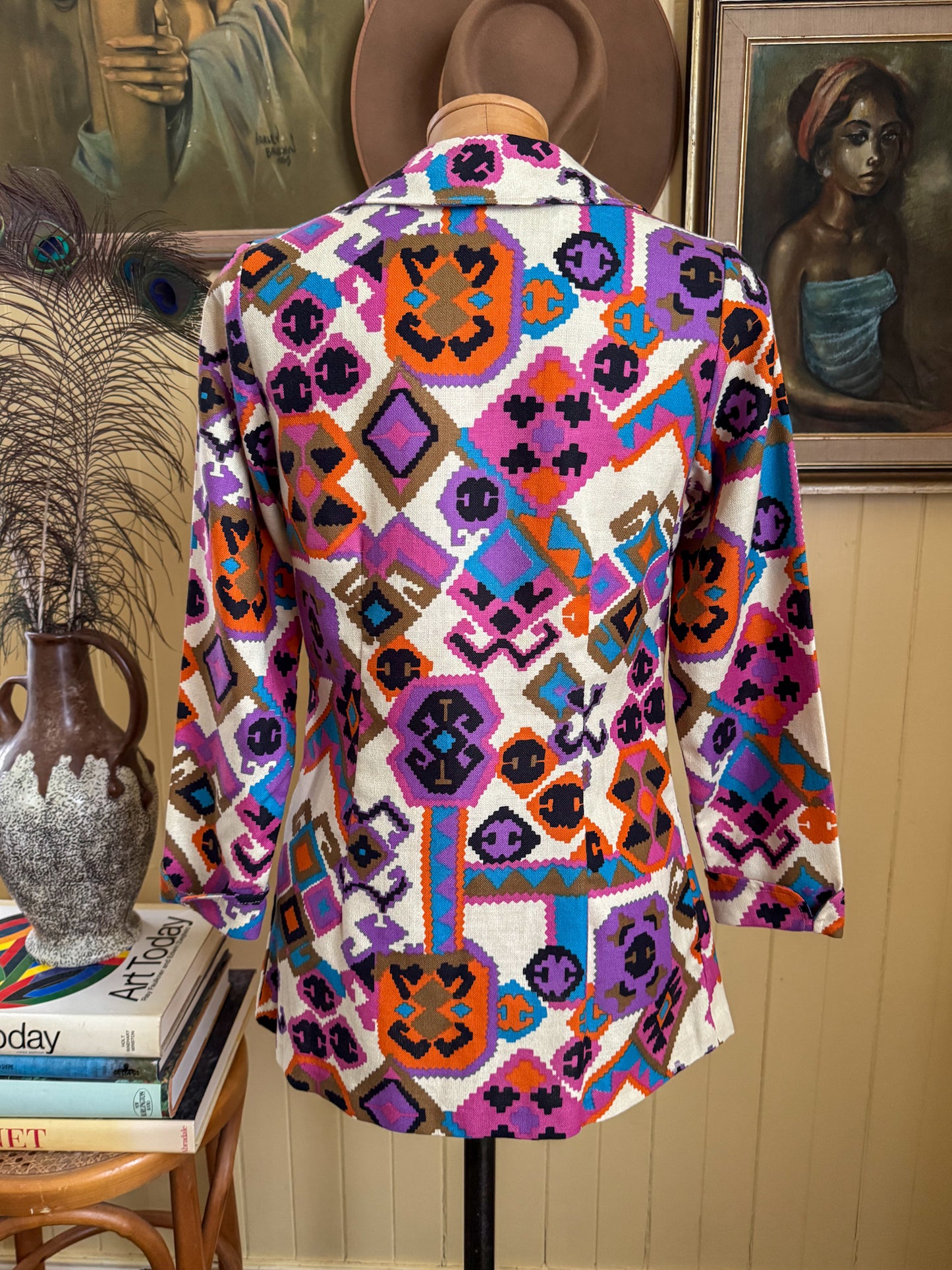 VINTAGE 1970S PSYCHEDELIC GEOMETRIC PRINT FITTED JACKET S