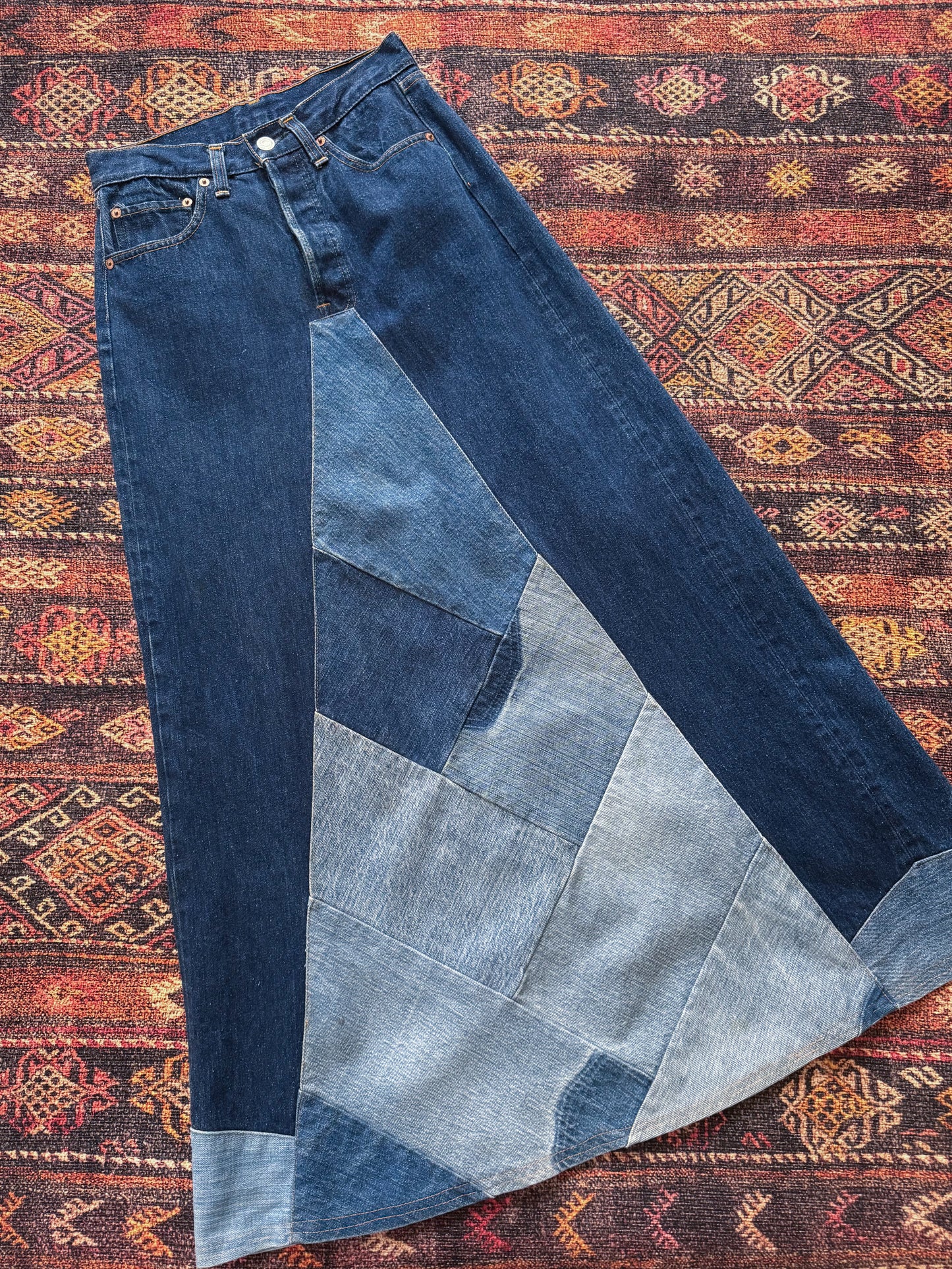 VINTAGE REWORKED LEVI’S COTTON DENIM PATCHWORK MIDI SKIRT S