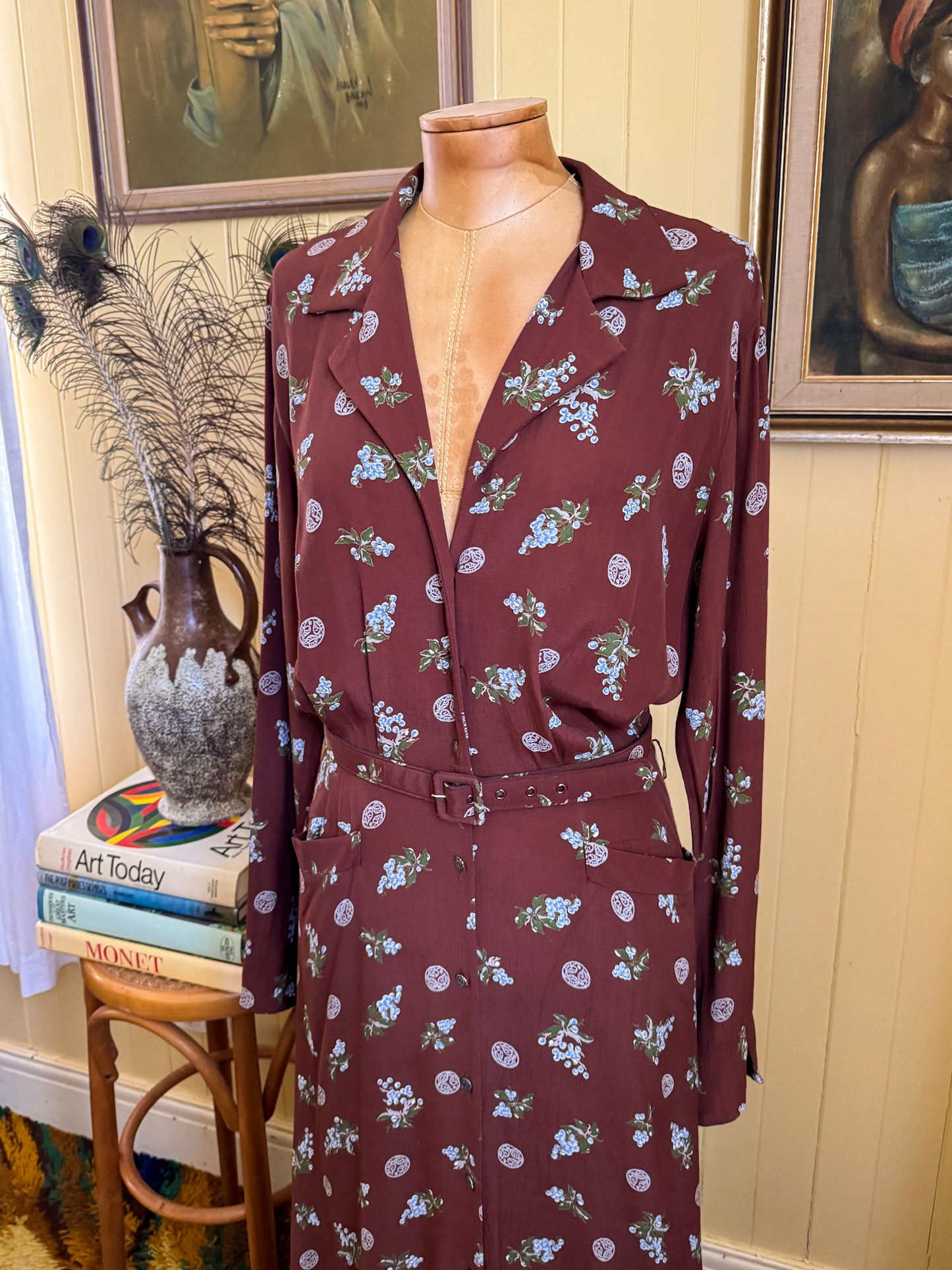 VINTAGE 1970S GAIL GARNER COLD RAYON FLORAL PRINT MAXI SHIRT DRESS M/L