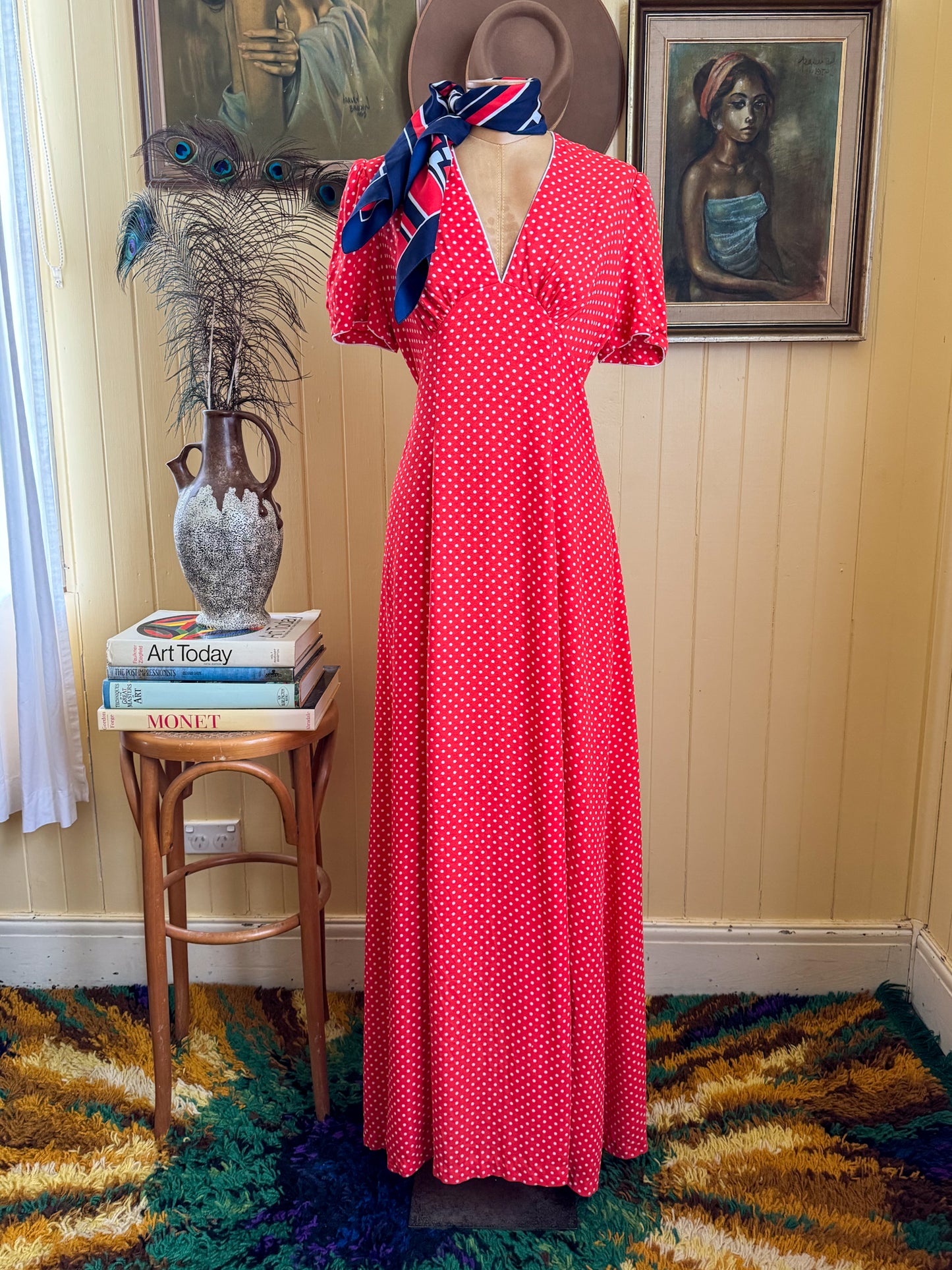 VINTAGE 1970S I-SPY POLY RED POLKA DOT PRINT MAXI DRESS S