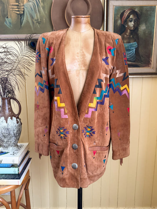 VINTAGE 1980S PANACHE SUEDE FRINGED PAINTED WESTERN JACKET S/M