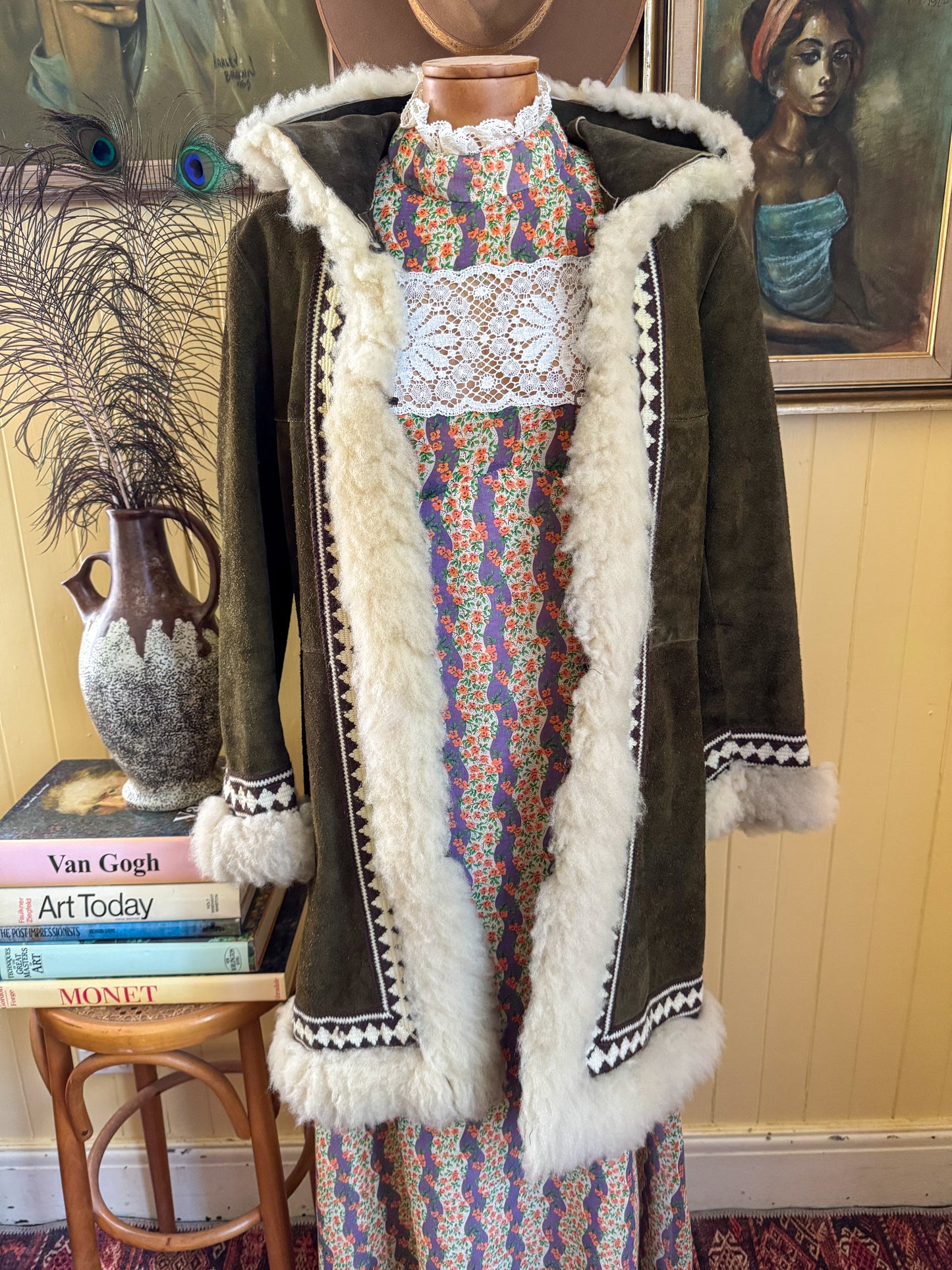 1970S PENNY LANE KHAKI SUEDE LEATHER HOODED SHEARLING LONG COAT S