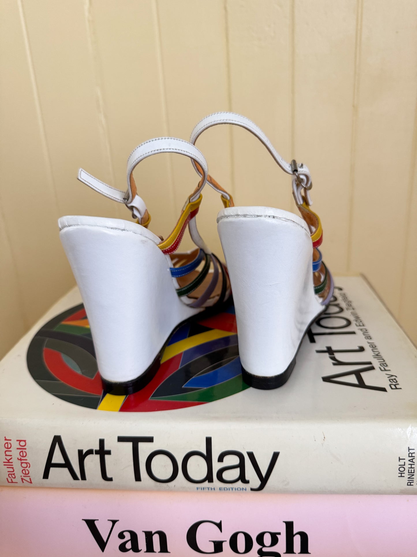 VINTAGE RARE PRUE ACTON RAINBOW LEATHER WEDGE HEELED SANDALS 6