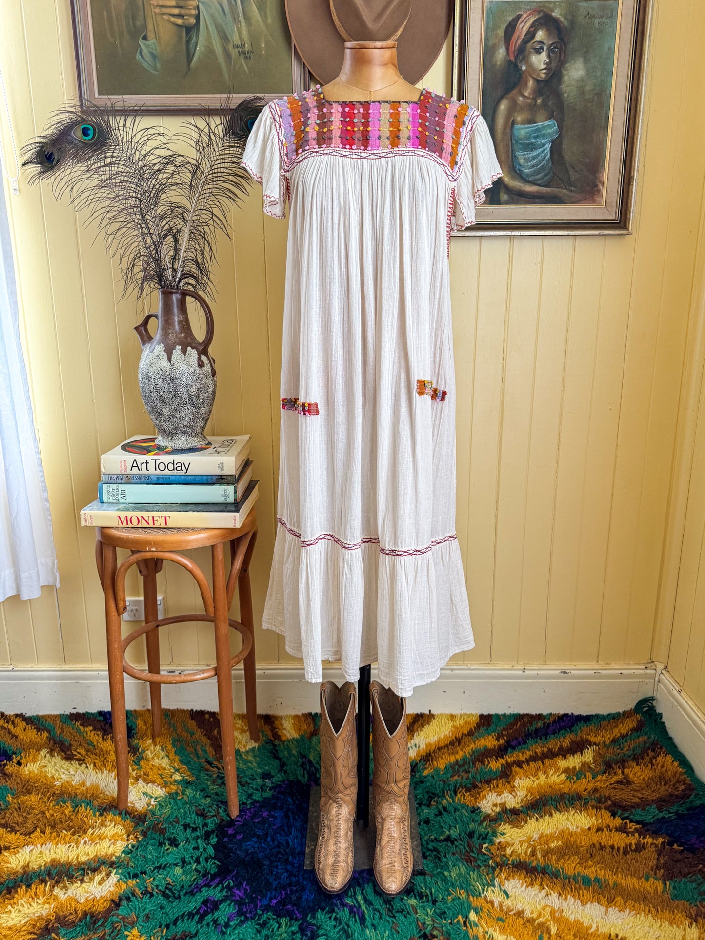 VINTAGE 1970S COTTON CHEESECLOTH EMBROIDERED MIDI SUNDRESS S/M/L