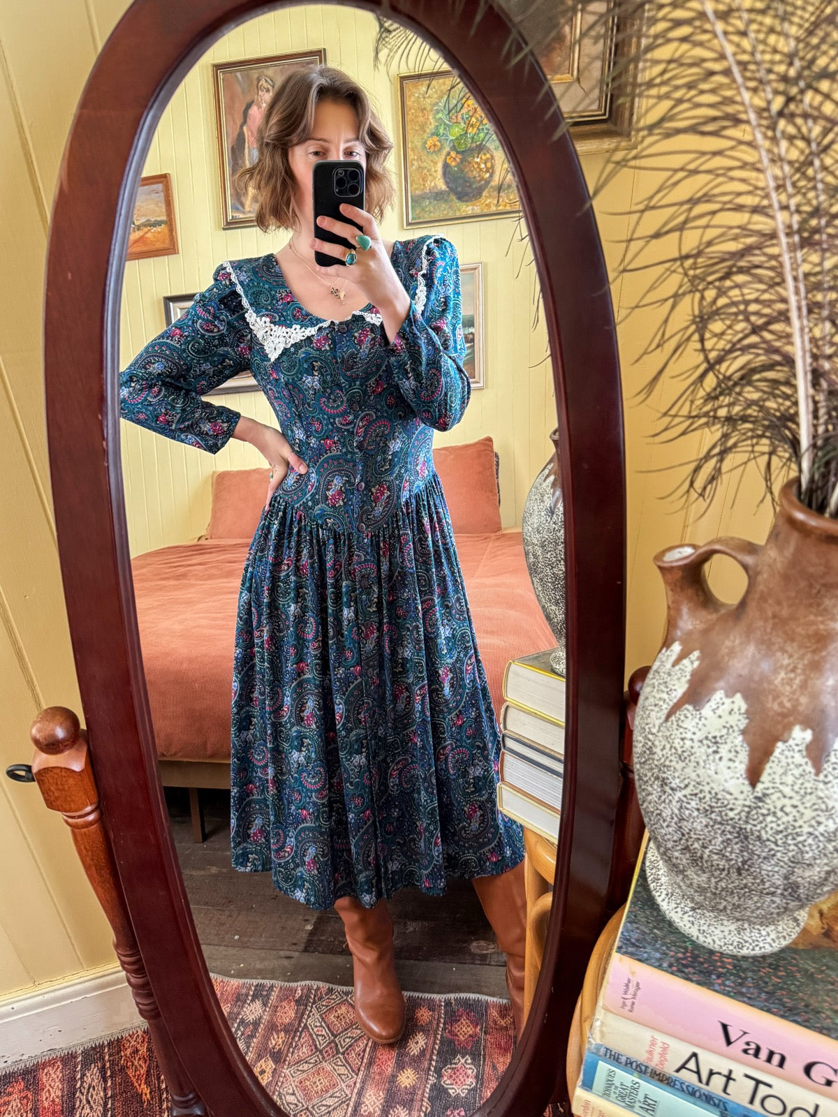 VINTAGE 1980S GUNNE SAX RAYON FLORAL PRINT LACE COLLAR MIDI PRAIRIE DRESS M