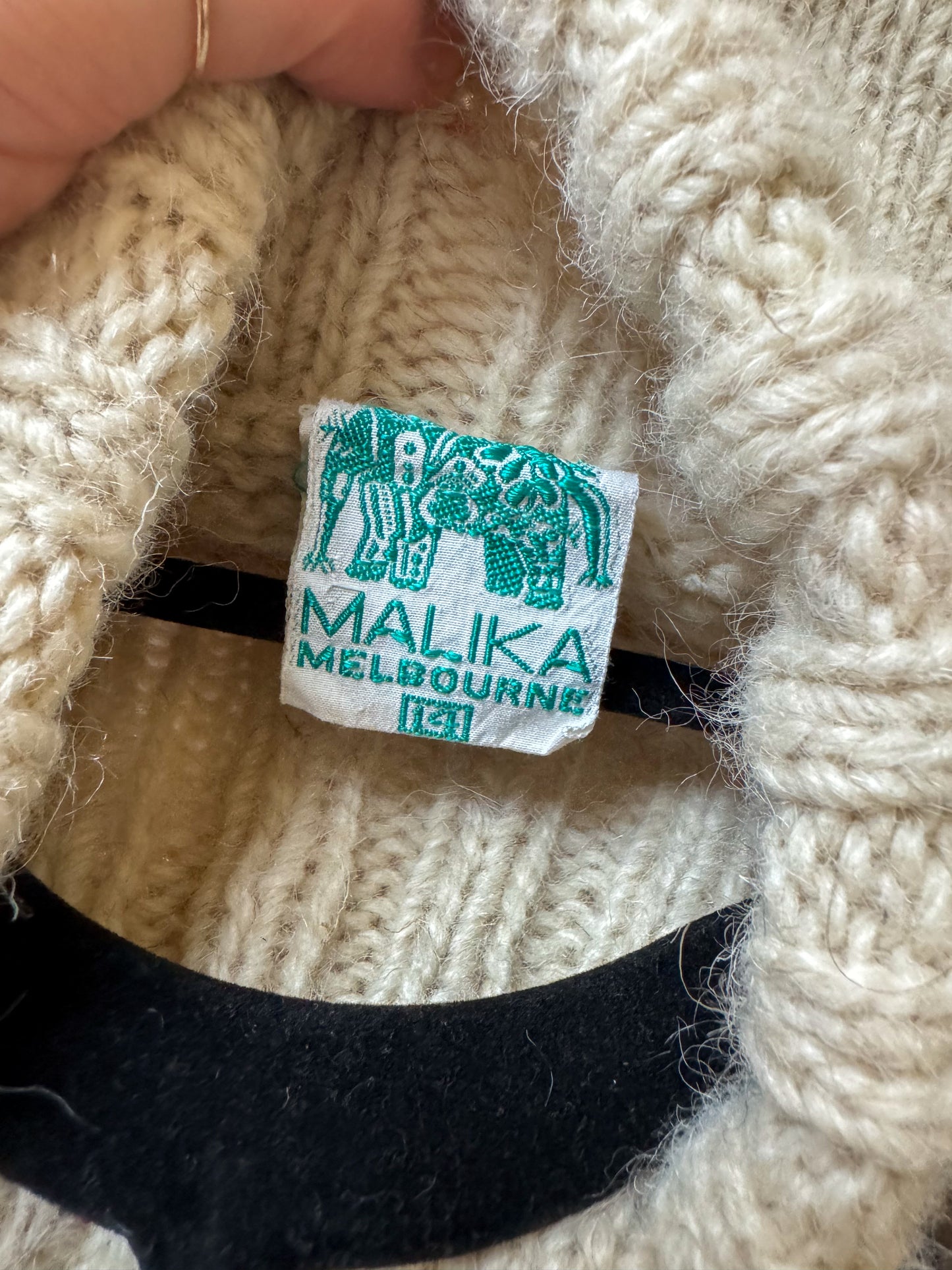 VINTAGE MALIKA INDIAN 100% WOOL MOTIF CHUNKY KNIT JUMPER S/M