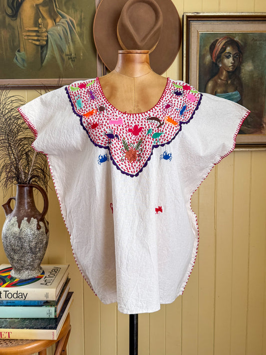 HANDMADE MEXICAN NATURAL COTTON EMBROIDERED HUIPIL TOP L/XL