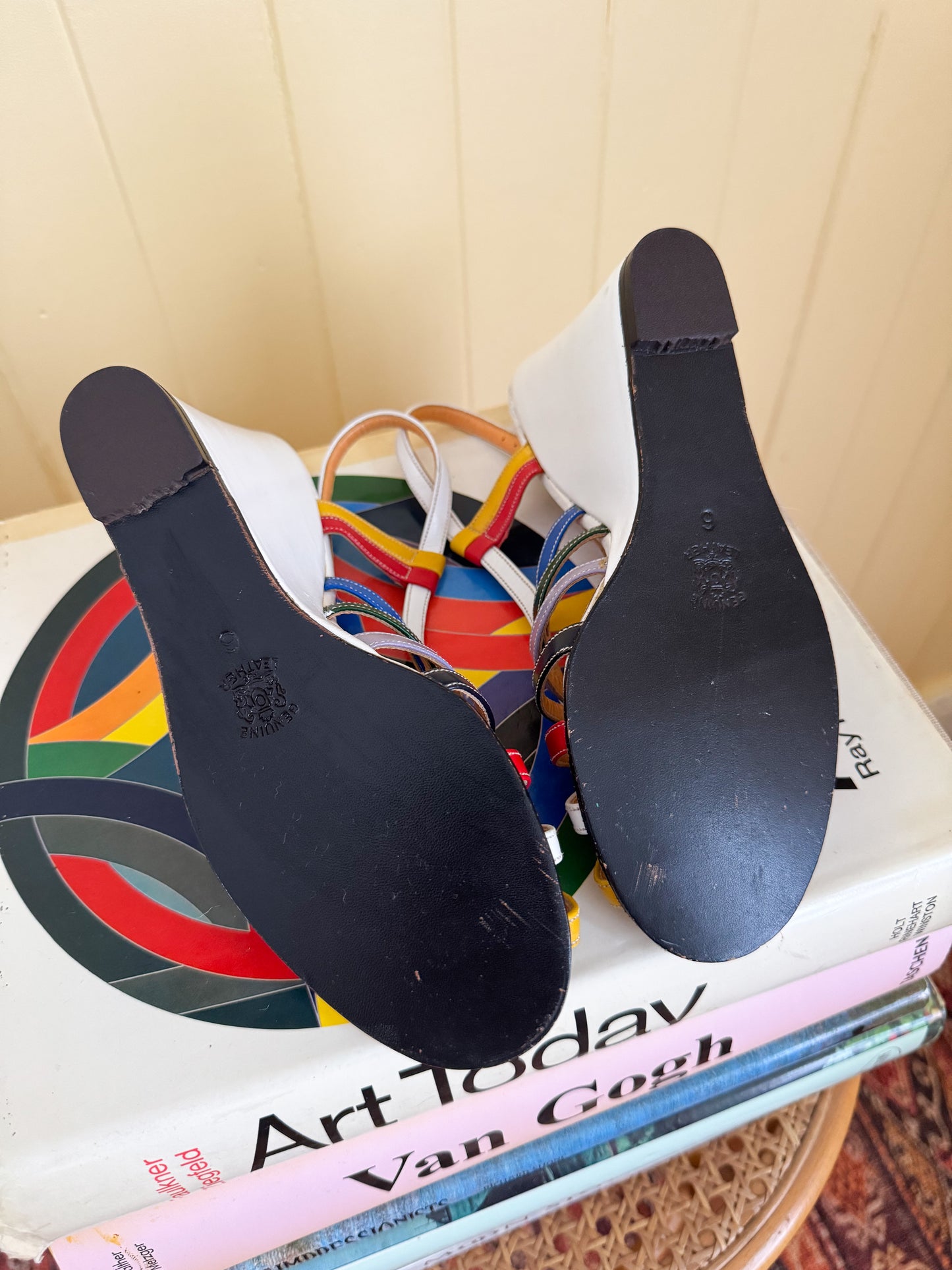 VINTAGE RARE PRUE ACTON RAINBOW LEATHER WEDGE HEELED SANDALS 6