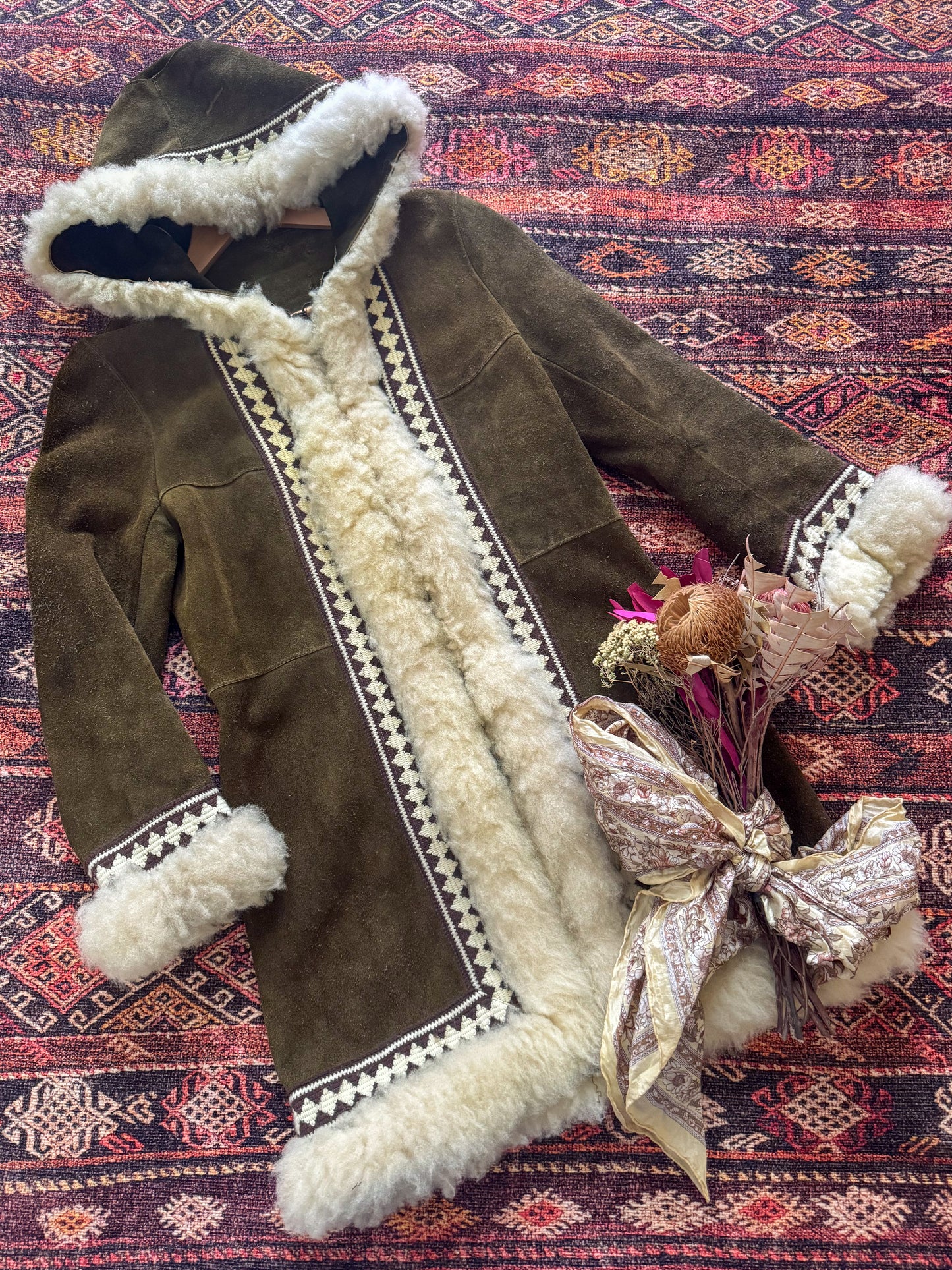 1970S PENNY LANE KHAKI SUEDE LEATHER HOODED SHEARLING LONG COAT S