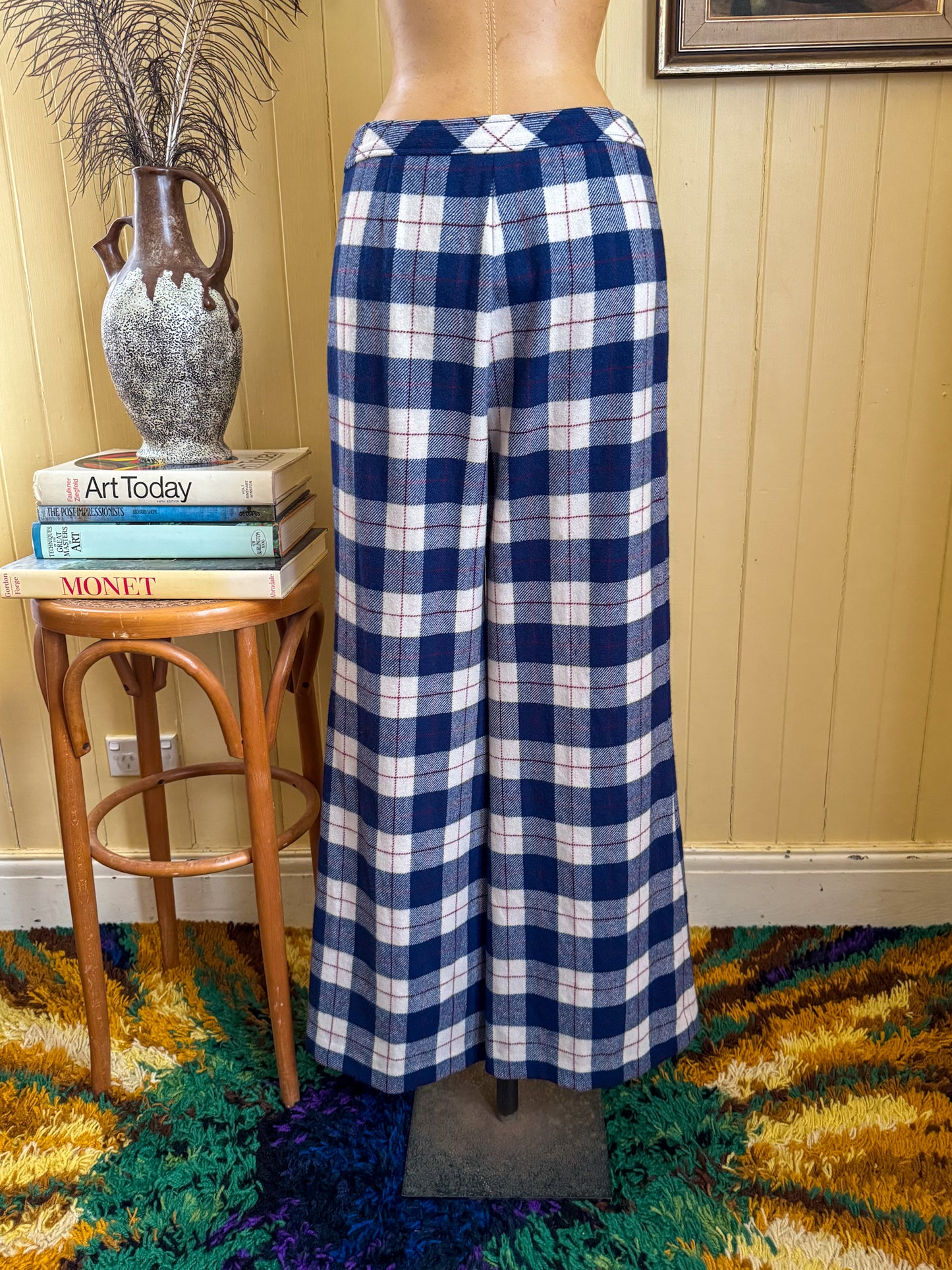 VINTAGE 1970S SPORTSCRAFT PURE WOOL PLAID WIDE LEG FLARED PANTS S/M