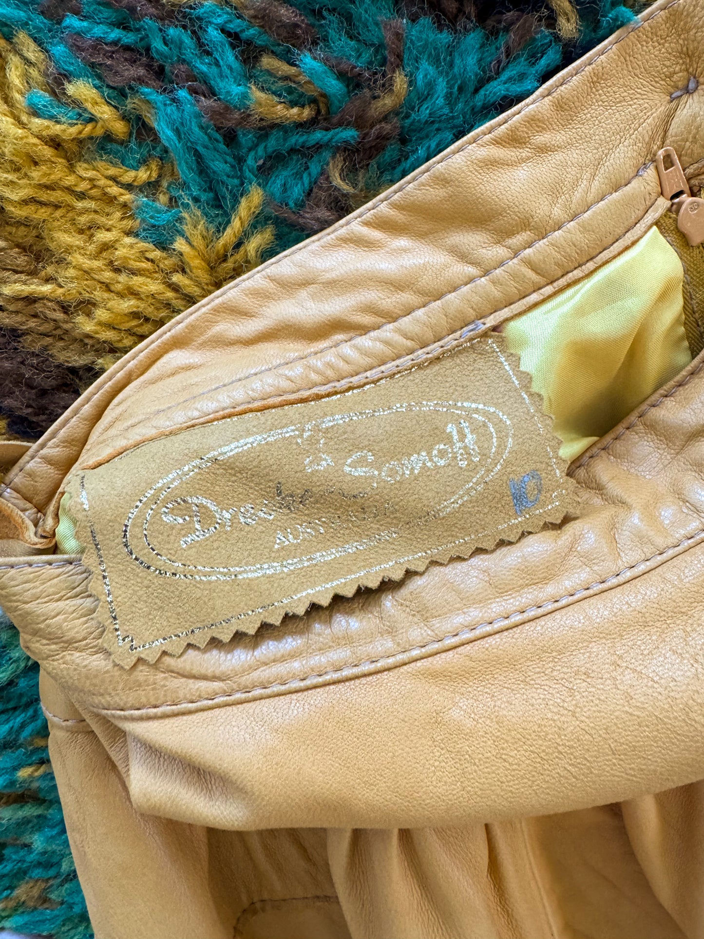 VINTAGE 1980S DRESKE SOMOFF YELLOW LEATHER PATCHWORK MIDI SKIRT XS