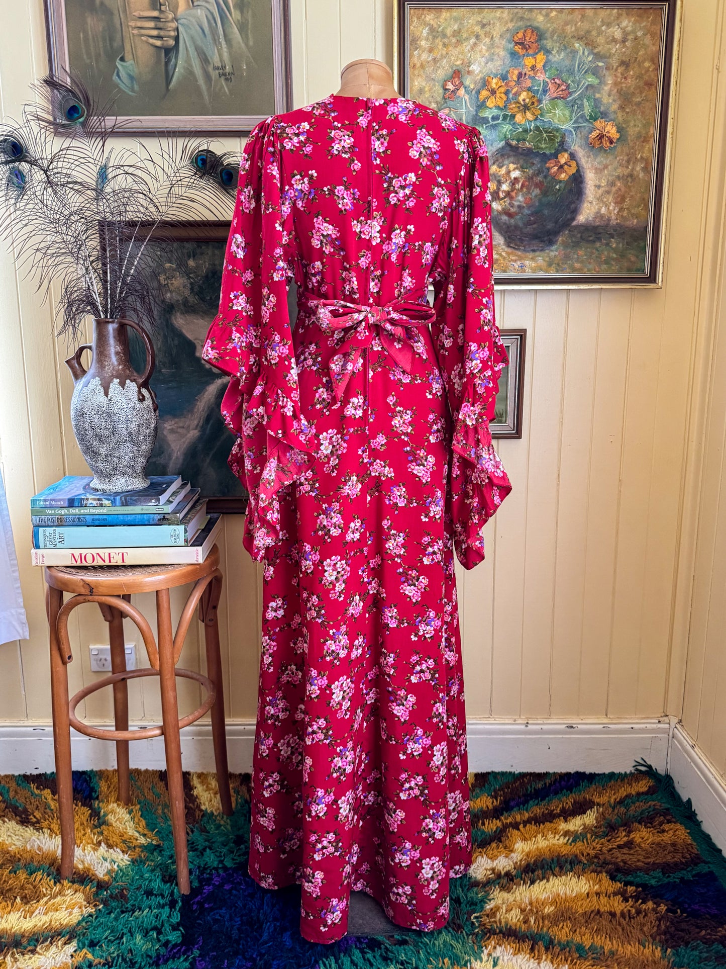 VINTAGE 1970S ARC COTTON ANGEL SLEEVE FLORAL PRINT MAXI DRESS S/M