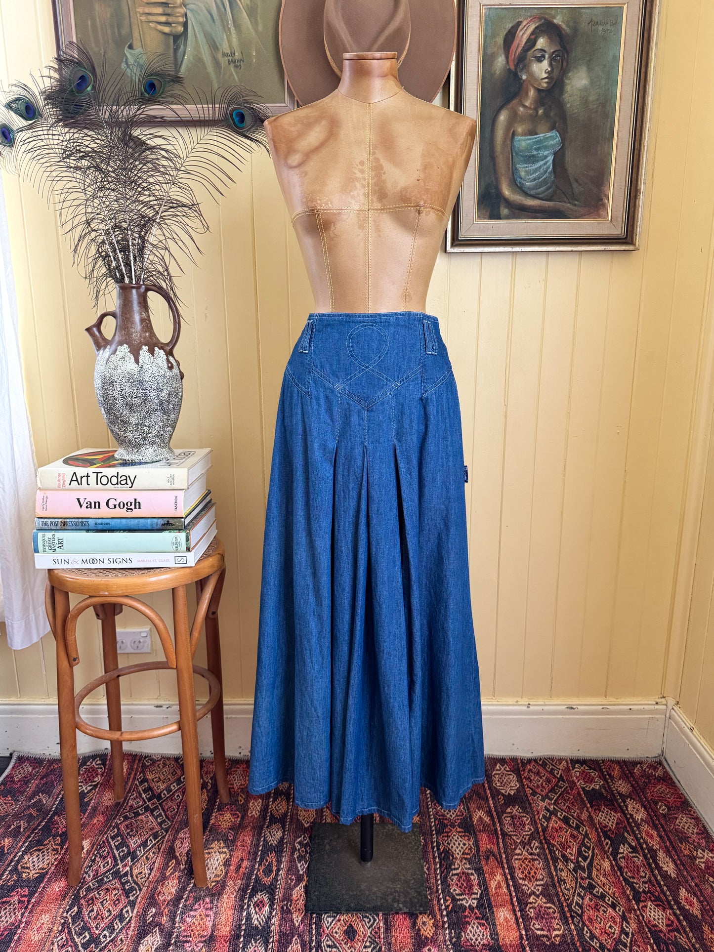 VINTAGE 1980S JAG DENIM HIGH WAISTED YOKE PLEATED MAXI SKIRT S