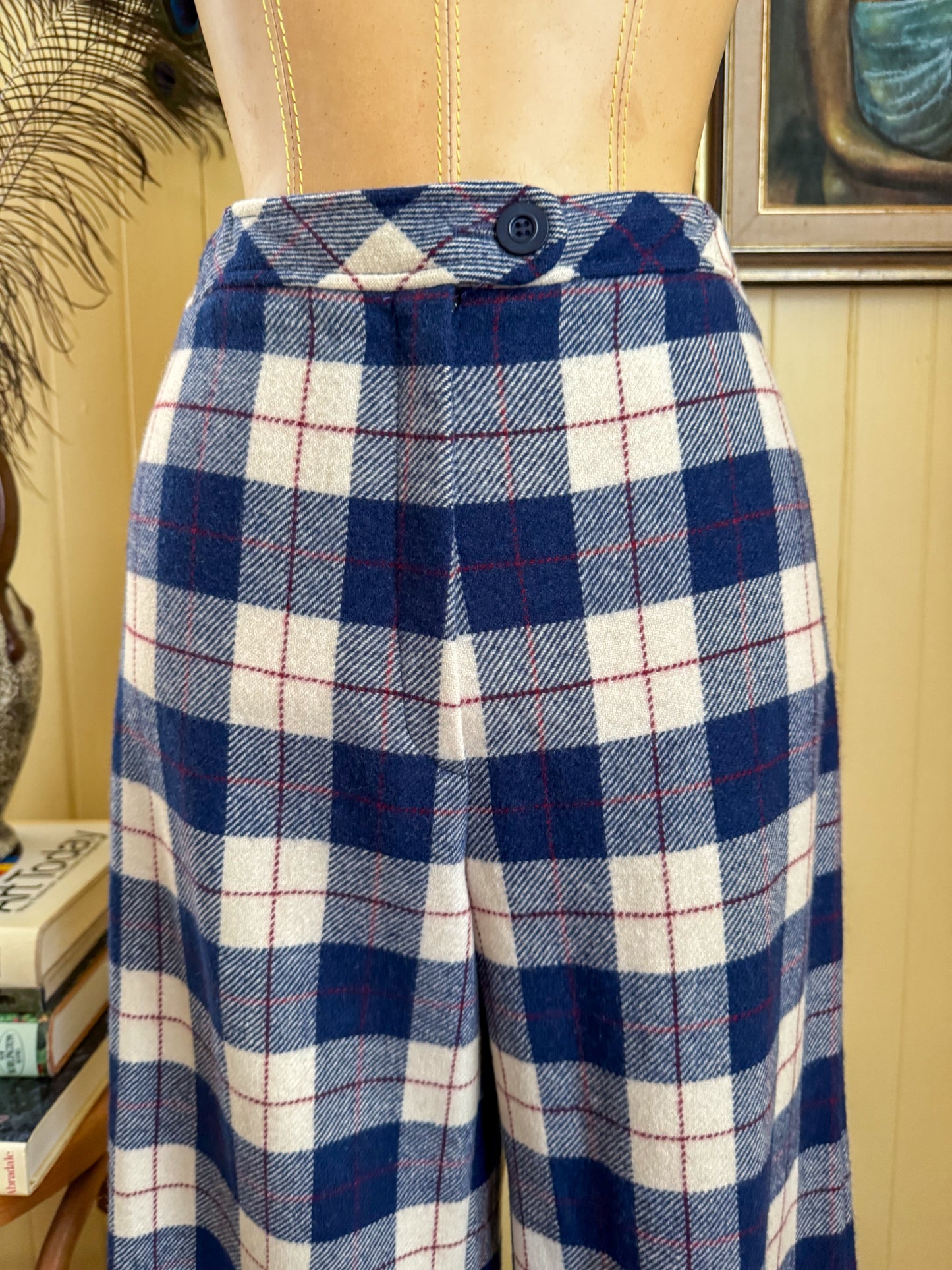 VINTAGE 1970S SPORTSCRAFT PURE WOOL PLAID WIDE LEG FLARED PANTS S/M