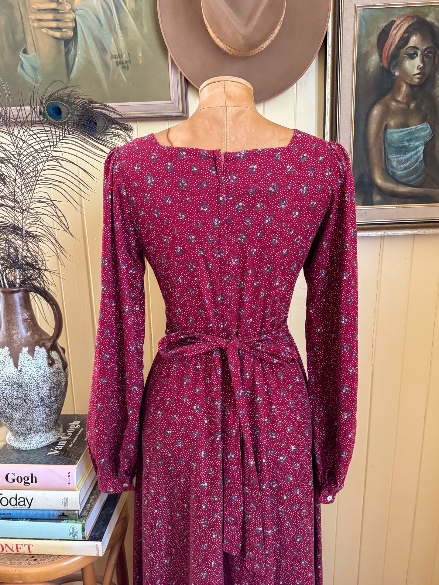 VINTAGE 1970S GUNNE SAX FLORAL PRINT COTTON + LACE PRAIRIE MAXI DRESS S