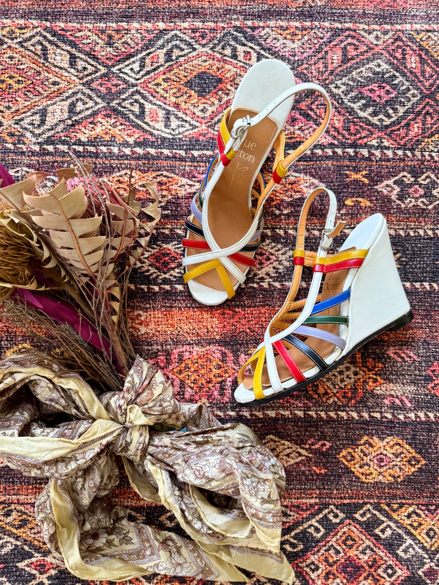 VINTAGE RARE PRUE ACTON RAINBOW LEATHER WEDGE HEELED SANDALS 6