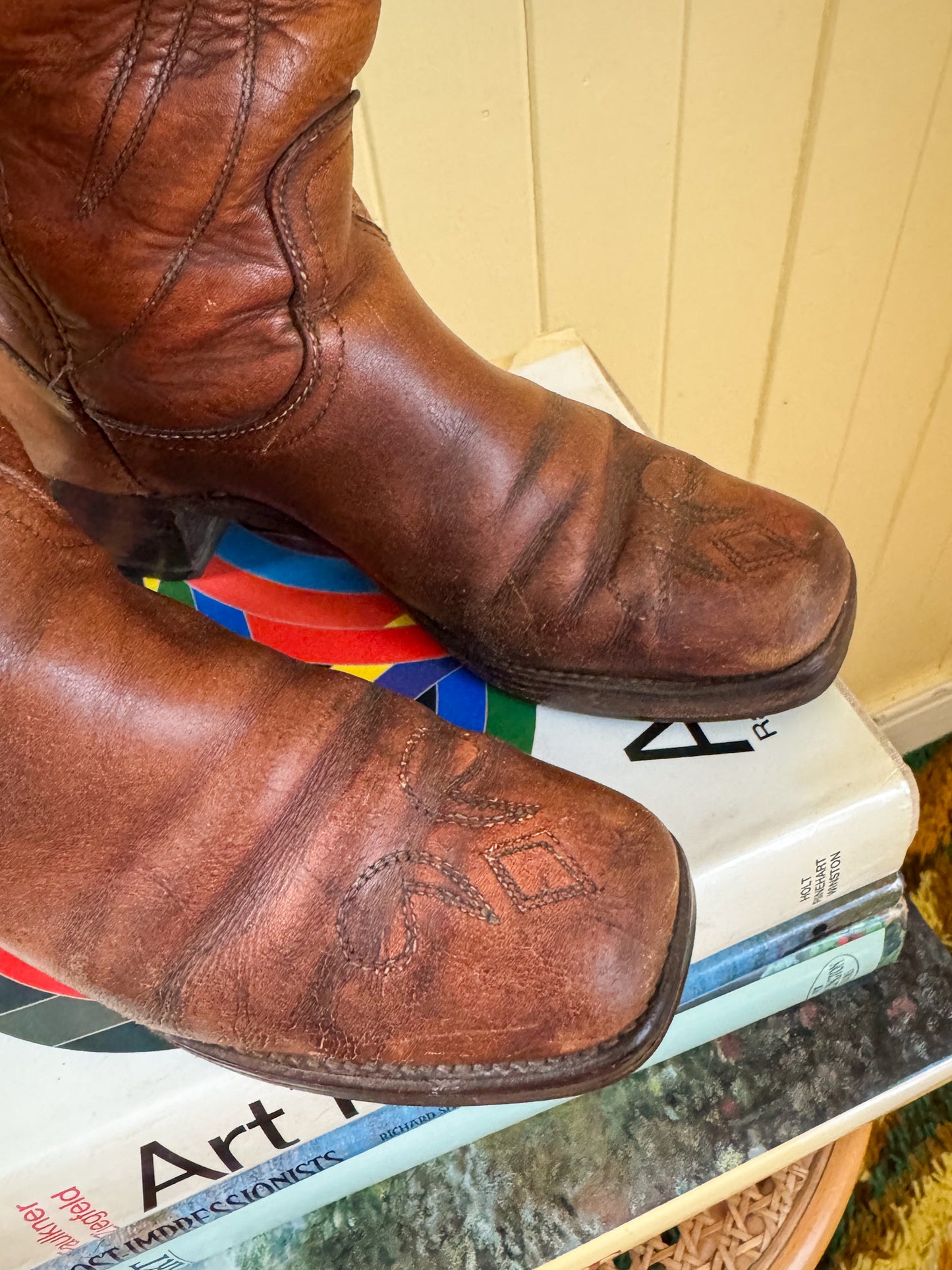 VINTAGE 1970S RARE FRYE BLACK LABEL CAMPUS LEATHER TALL EMBROIDERED BOOTS 39/8.5