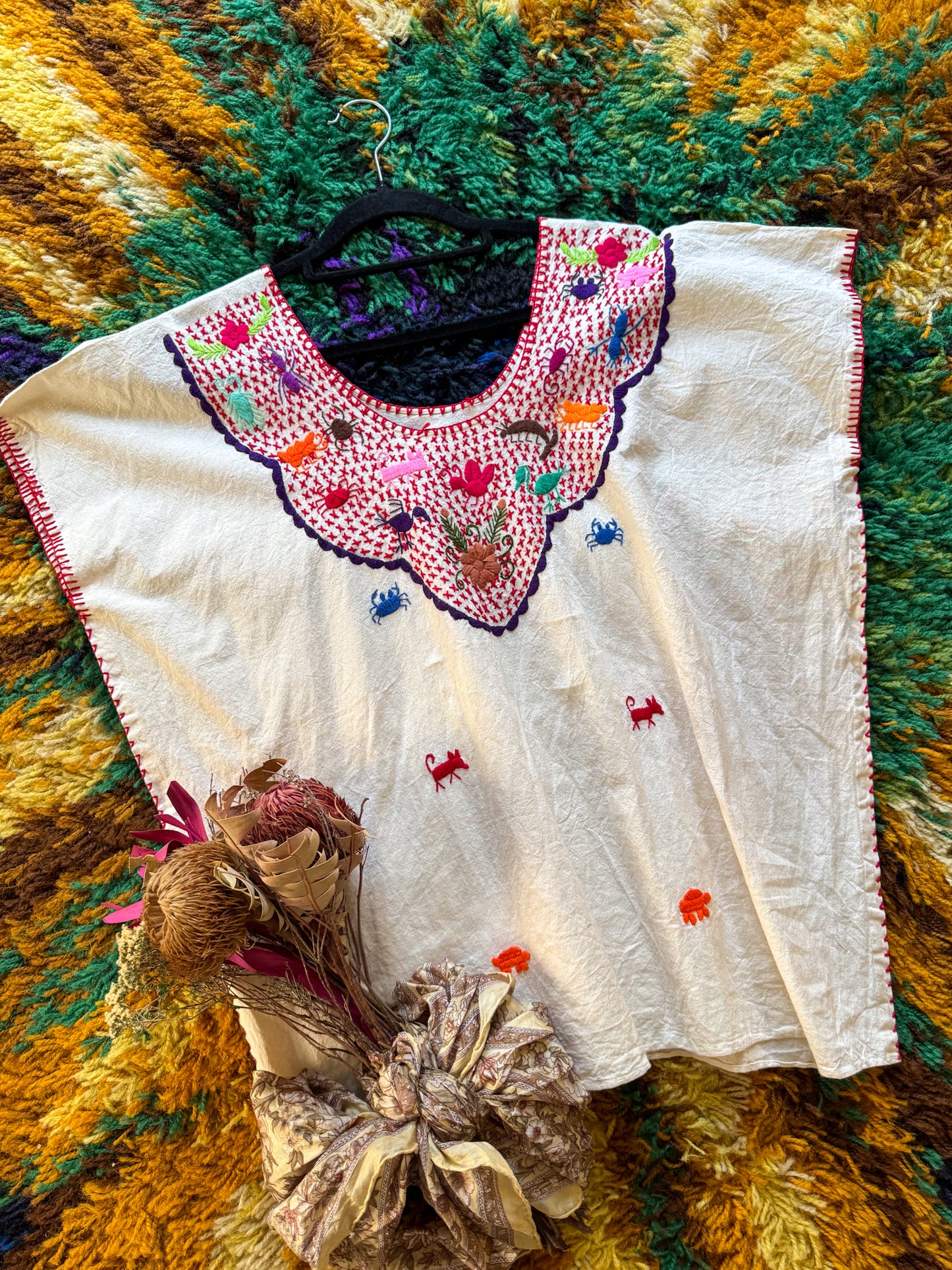 HANDMADE MEXICAN NATURAL COTTON EMBROIDERED HUIPIL TOP L/XL