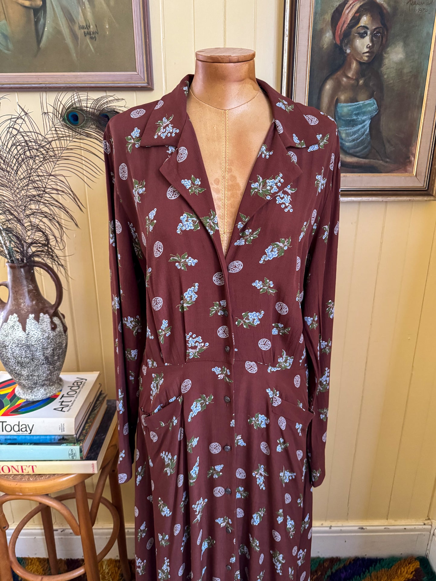 VINTAGE 1970S GAIL GARNER COLD RAYON FLORAL PRINT MAXI SHIRT DRESS M/L