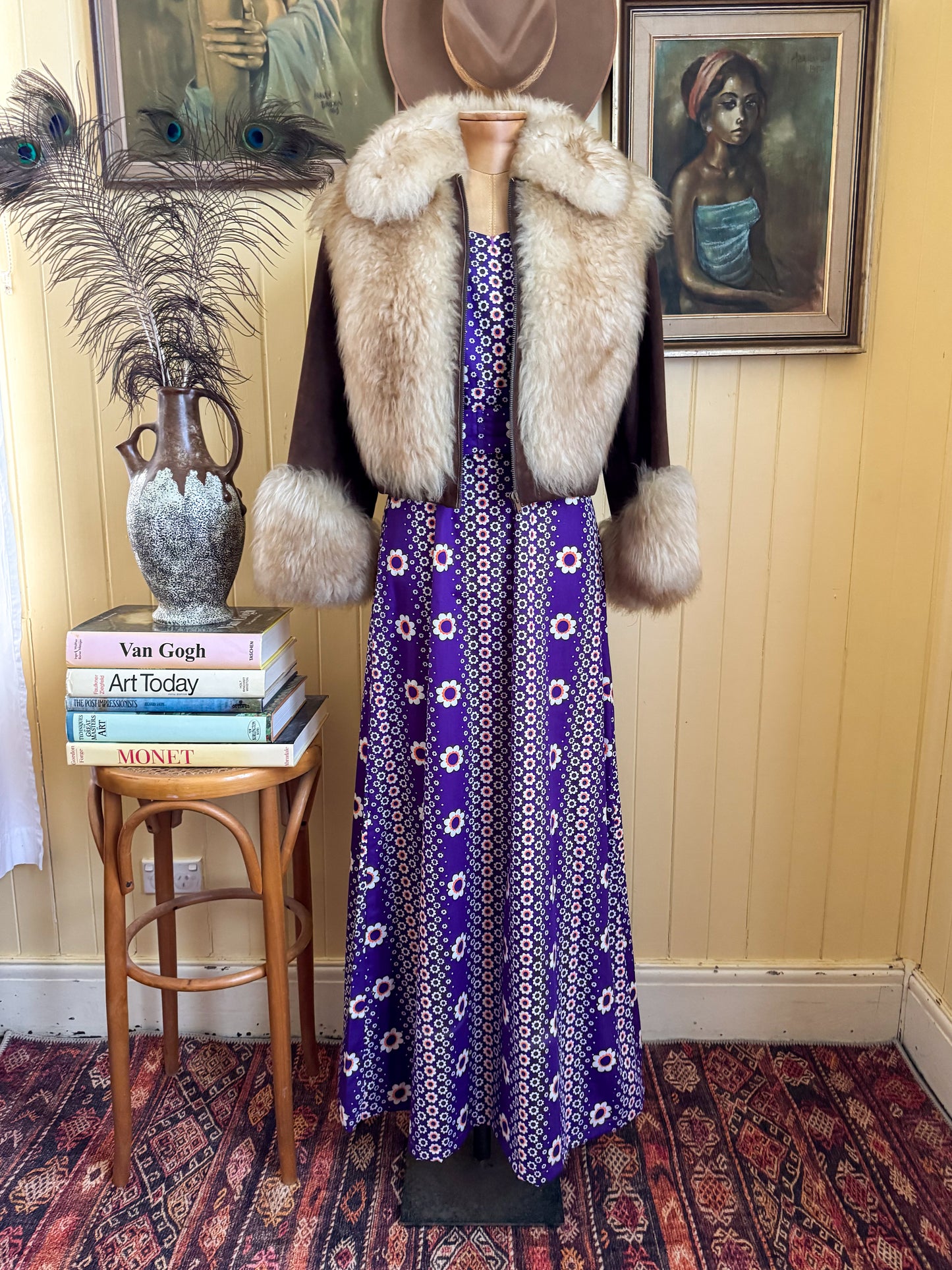 VINTAGE 1970S DERETA LONDON FAUX SUEDE + SHEEPSKIN CROPPED JACKET S