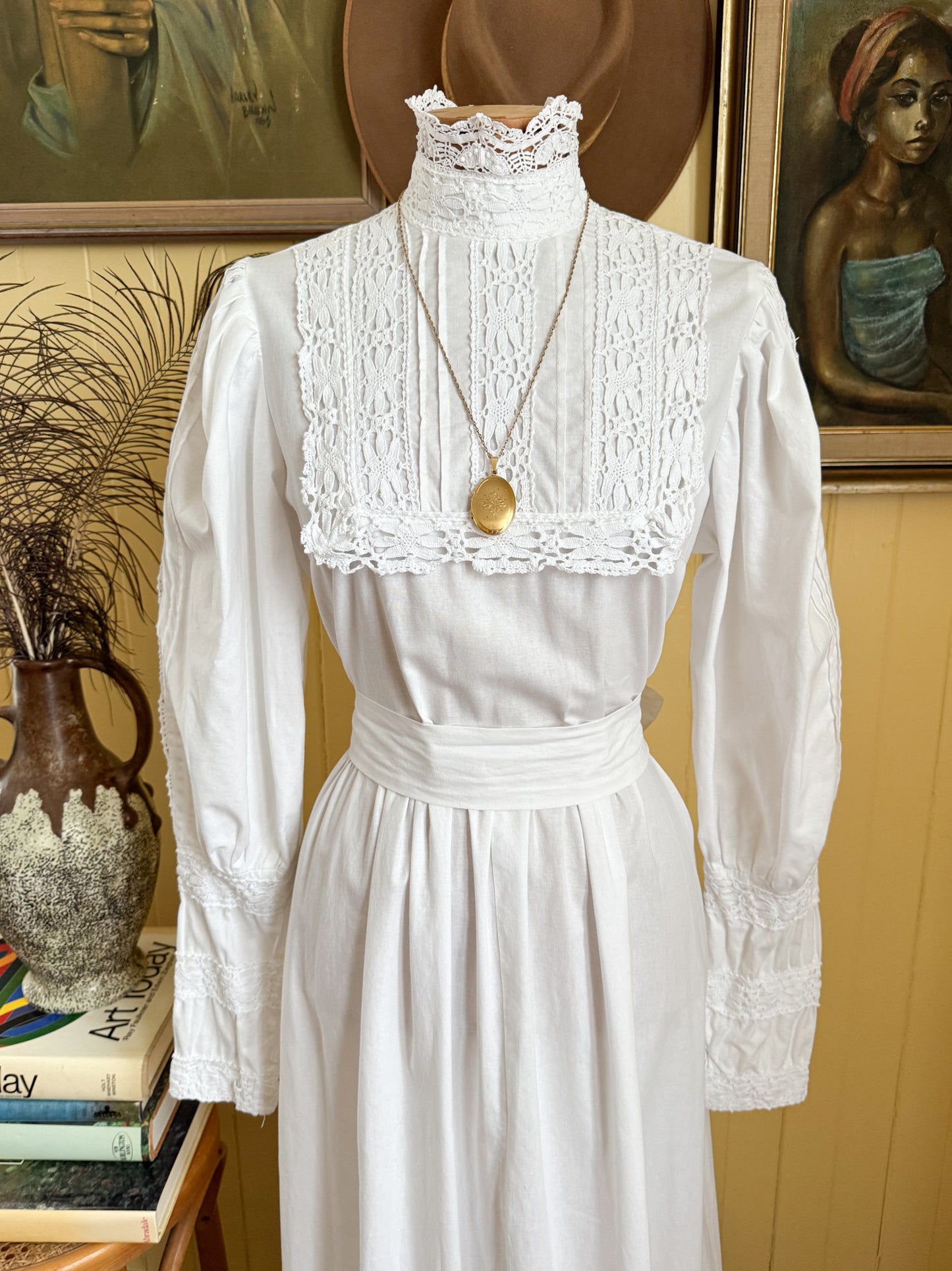 VINTAGE 1970S ENGLISH LAURA ASHLEY COTTON MAXI VICTORIANA PRAIRIE DRESS M