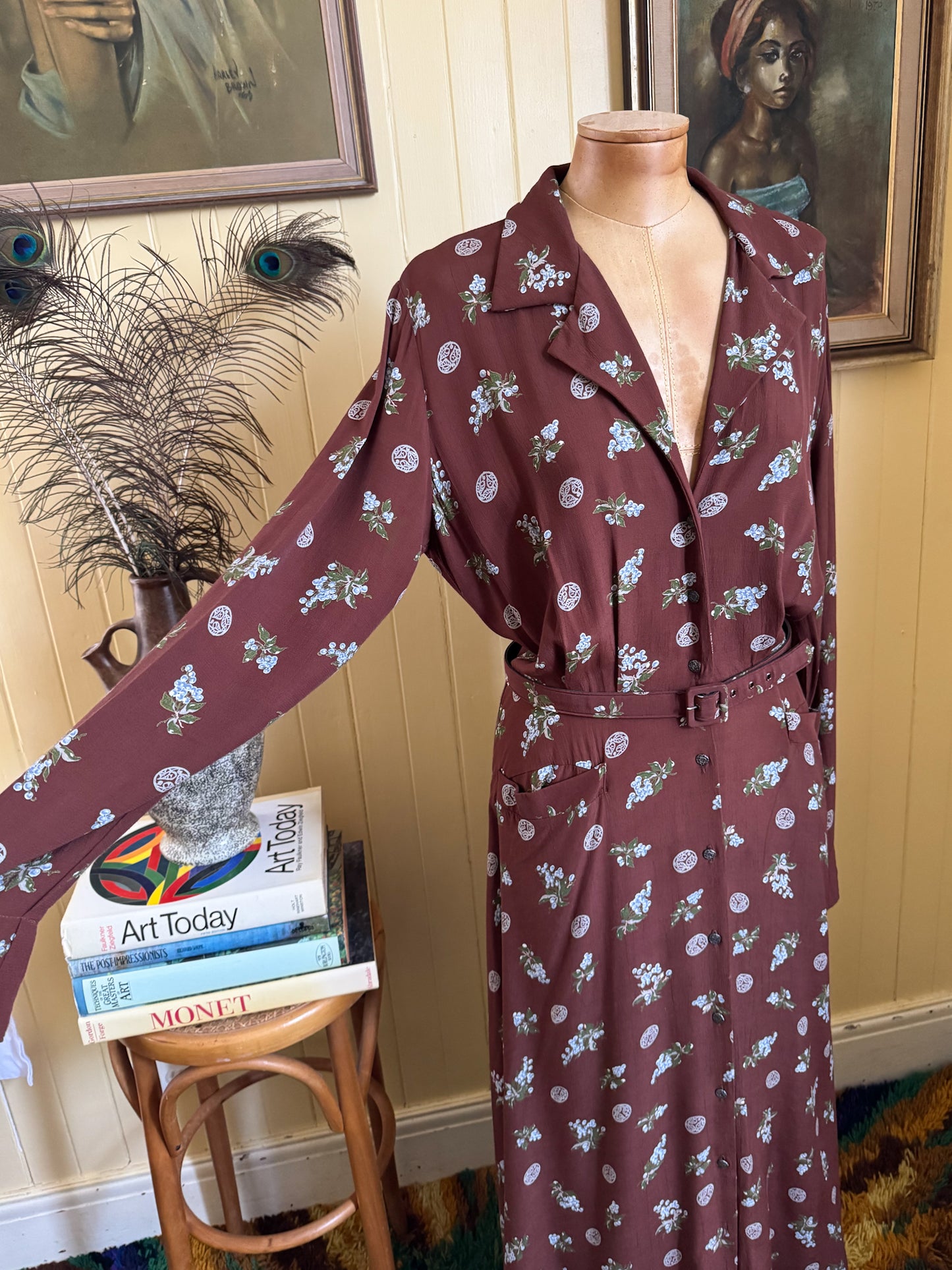VINTAGE 1970S GAIL GARNER COLD RAYON FLORAL PRINT MAXI SHIRT DRESS M/L