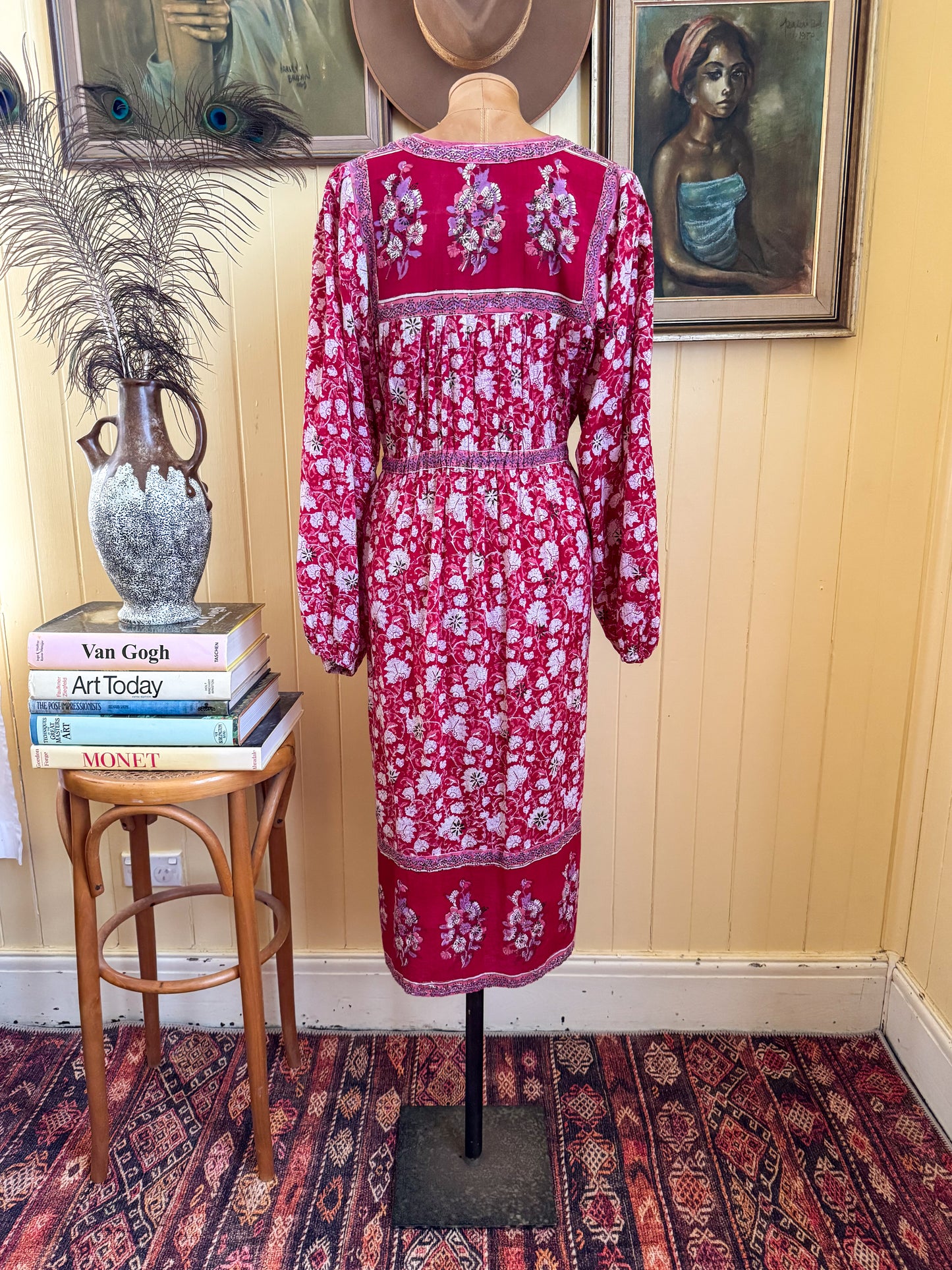 VINTAGE 1970S RARE INTERLINKS INDIAN COTTON GAUZE BLOCK PRINT MIDI DRESS M/L