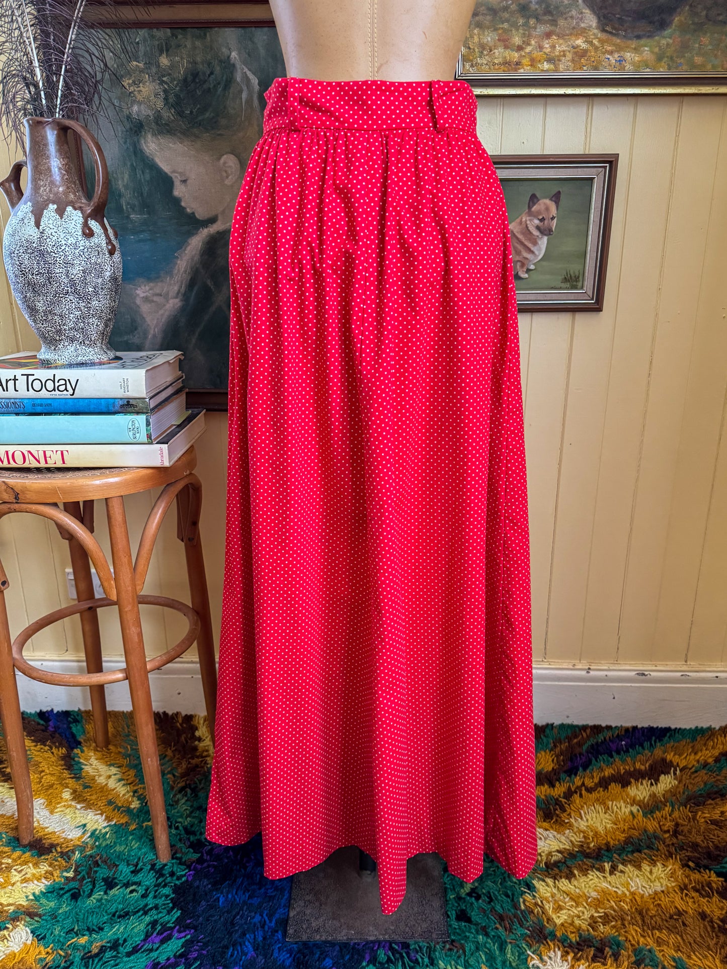 VINTAGE 1970S WRAGGS COTTON POLKA DOT BUTTON THROUGH MAXI SKIRT XS/S