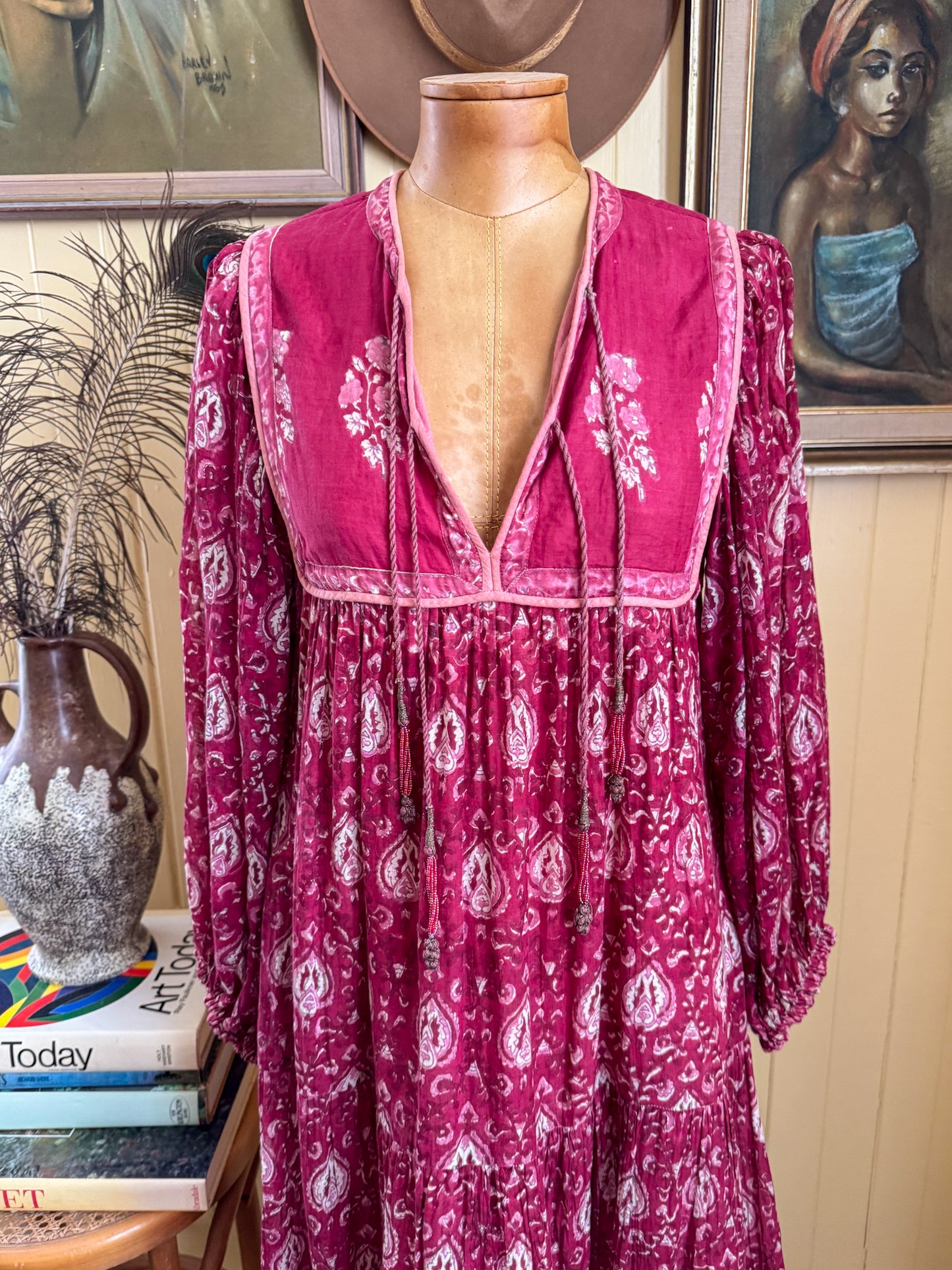 VINTAGE 1970S RARE ADINI INDIAN COTTON GAUZE MIDI DRESS S