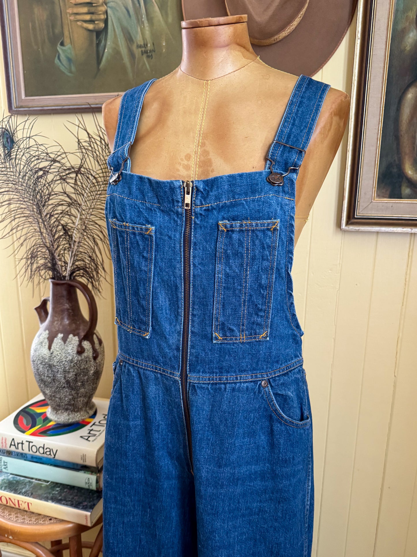 VINTAGE 1970S HASH COTTON DENIM WIDE LEG DUNGAREES OVERALLS M