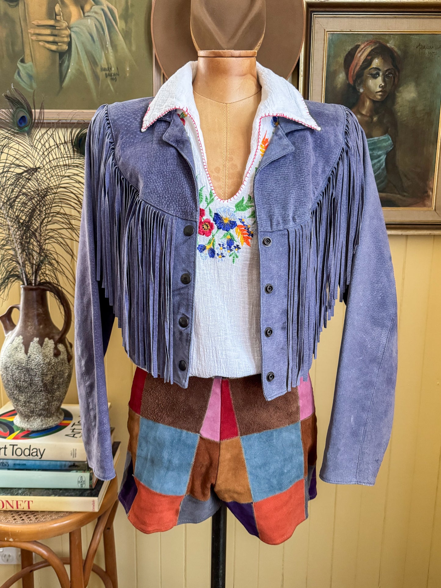 VINTAGE 1970S RARE LATIGO WEST SUEDE LEATHER PATCHWORK HOT PANTS SHORTS XXS