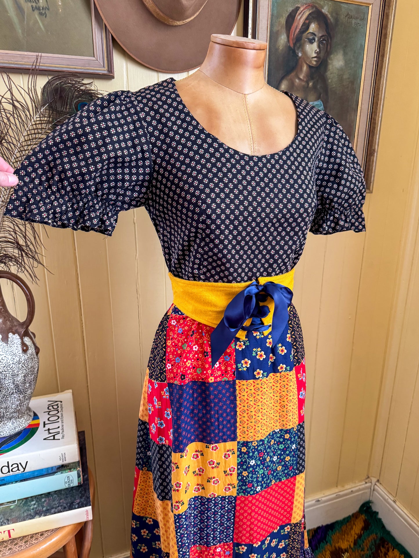 VINTAGE 1970S BINDI OF MELBOURNE COTTON PATCHWORK MAXI PRAIRIE DRESS XS/S