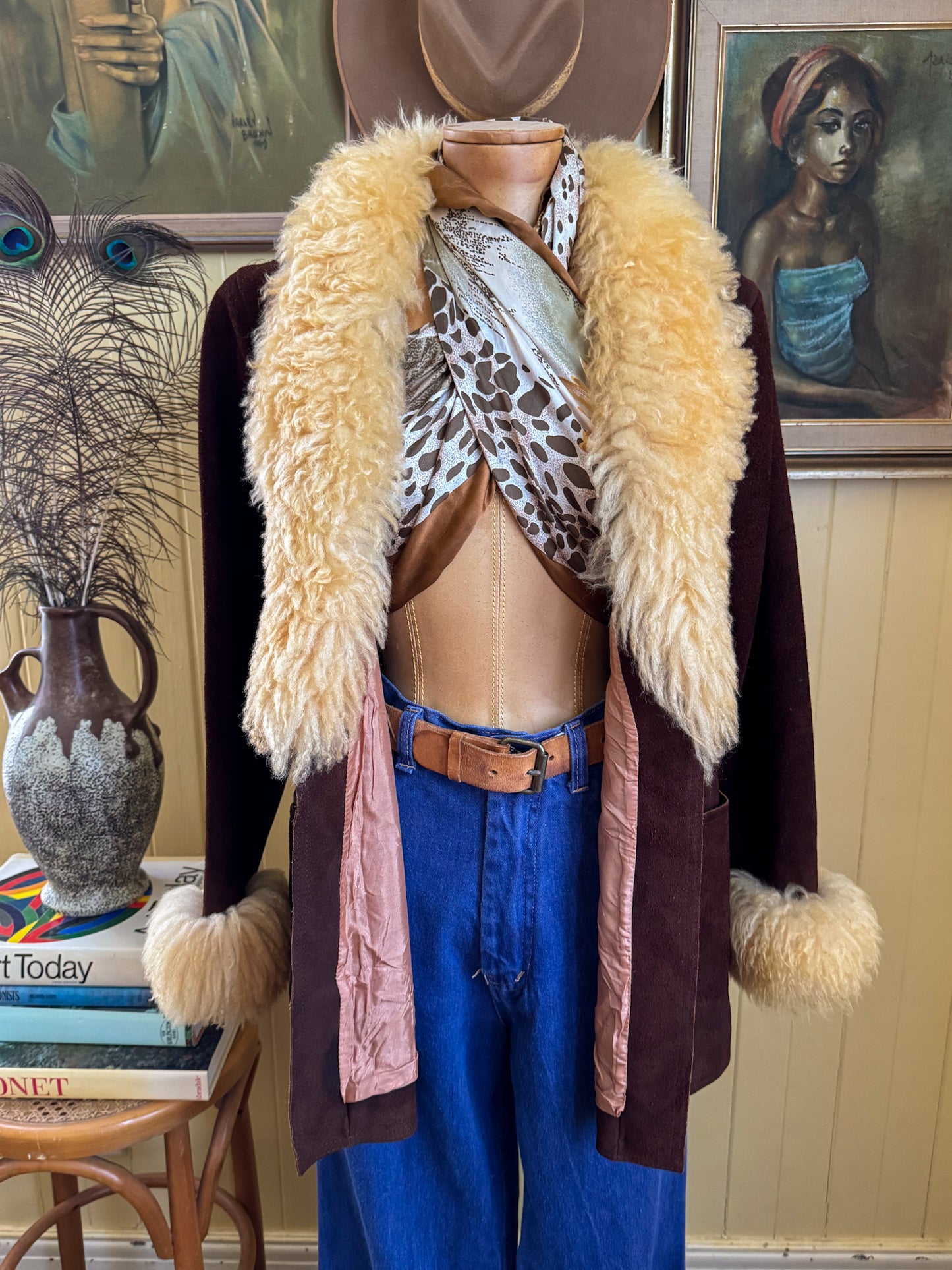 VINTAGE 1970S MCPHAIL + FISHER NZ SUEDE LEATHER SHEARLING PENNY LANE WRAP JACKET S/M