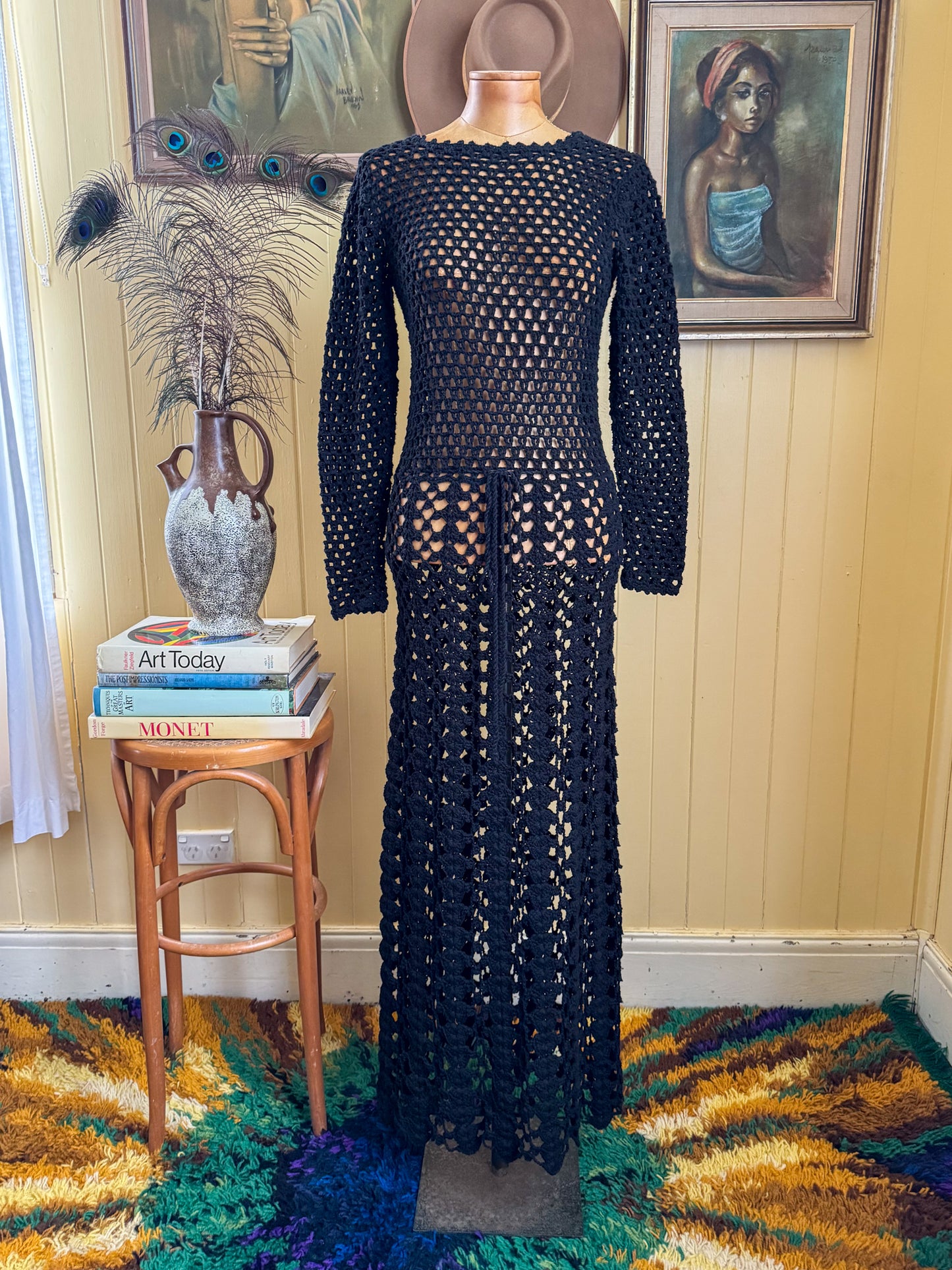 VINTAGE 1970S COTTON CROCHET OPEN WEAVE MAXI DRESS XS