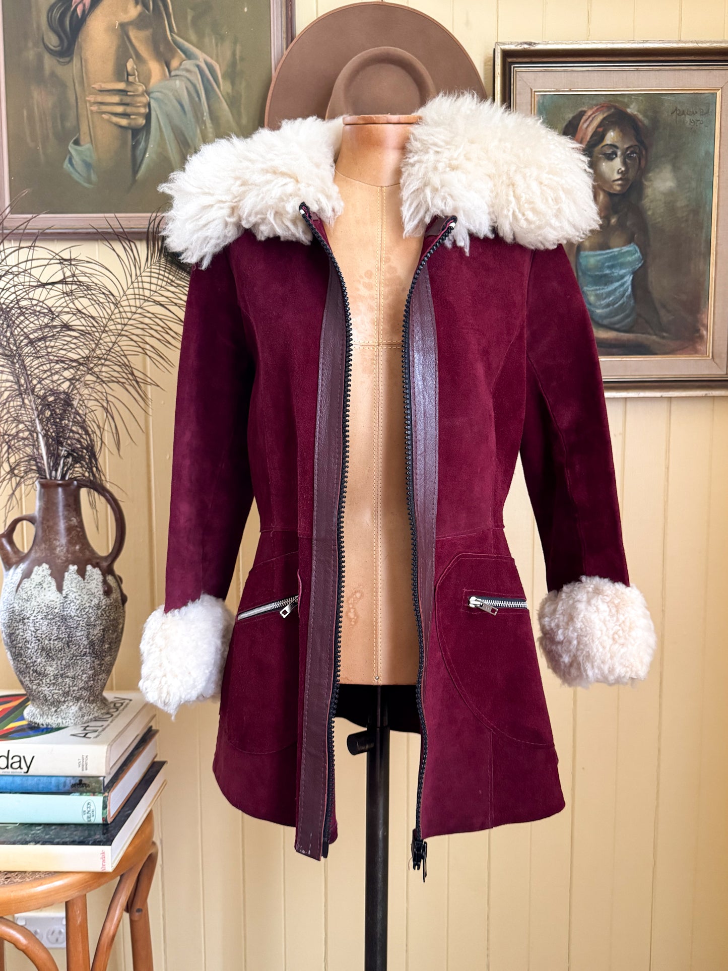 VINTAGE 1970S PLUM SUEDE LEATHER FLUFFY SHEARLING PENNY LANE JACKET S/M