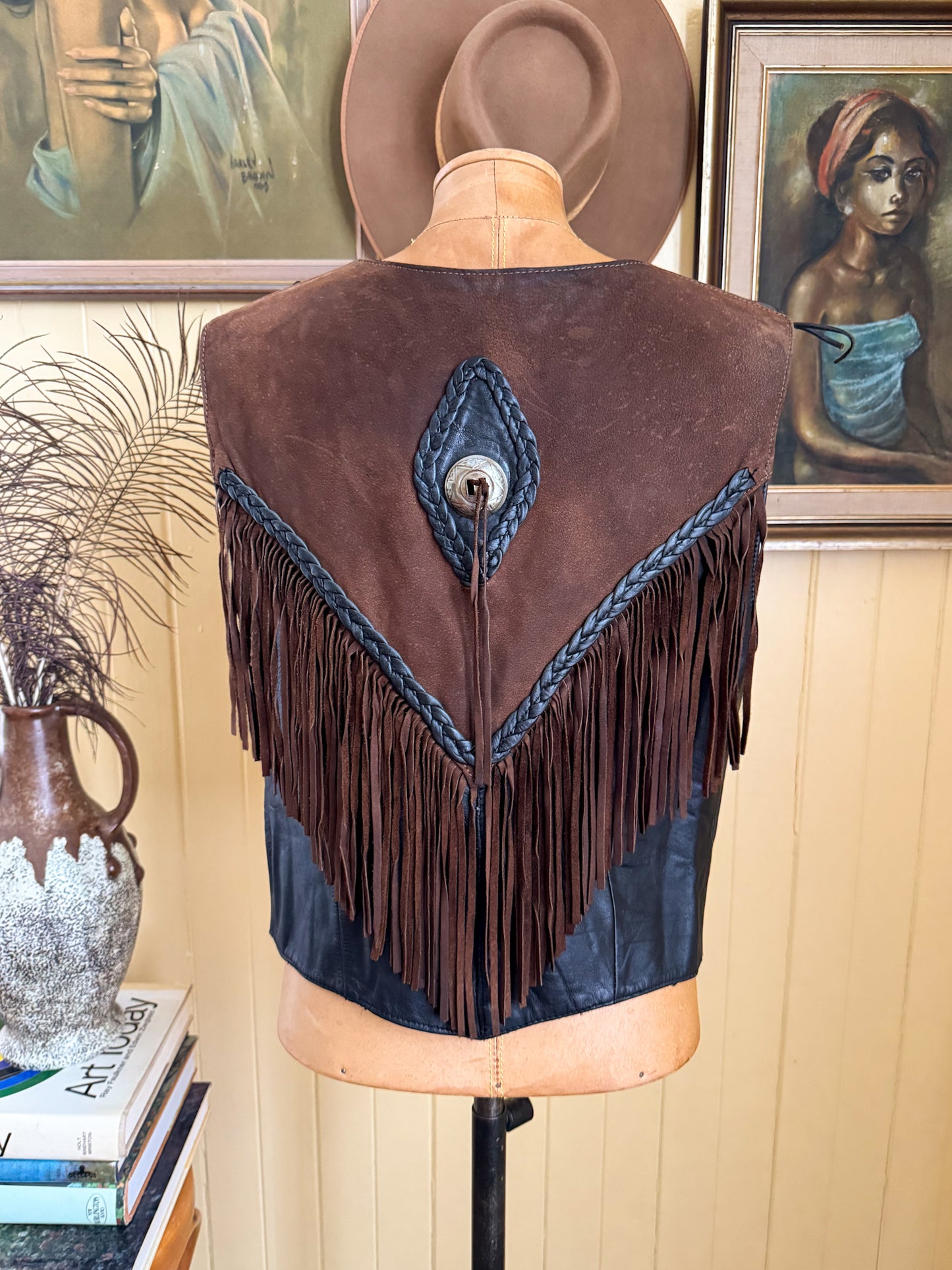 VINTAGE 1980S ANTELOPE CREEK LEATHER FRINGED WESTERN BIKER VEST L