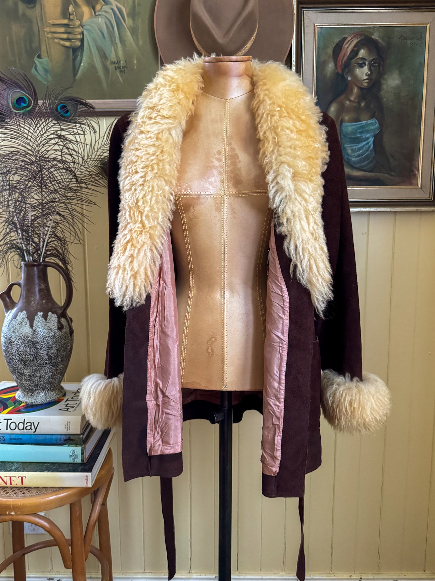 VINTAGE 1970S MCPHAIL + FISHER NZ SUEDE LEATHER SHEARLING PENNY LANE WRAP JACKET S/M