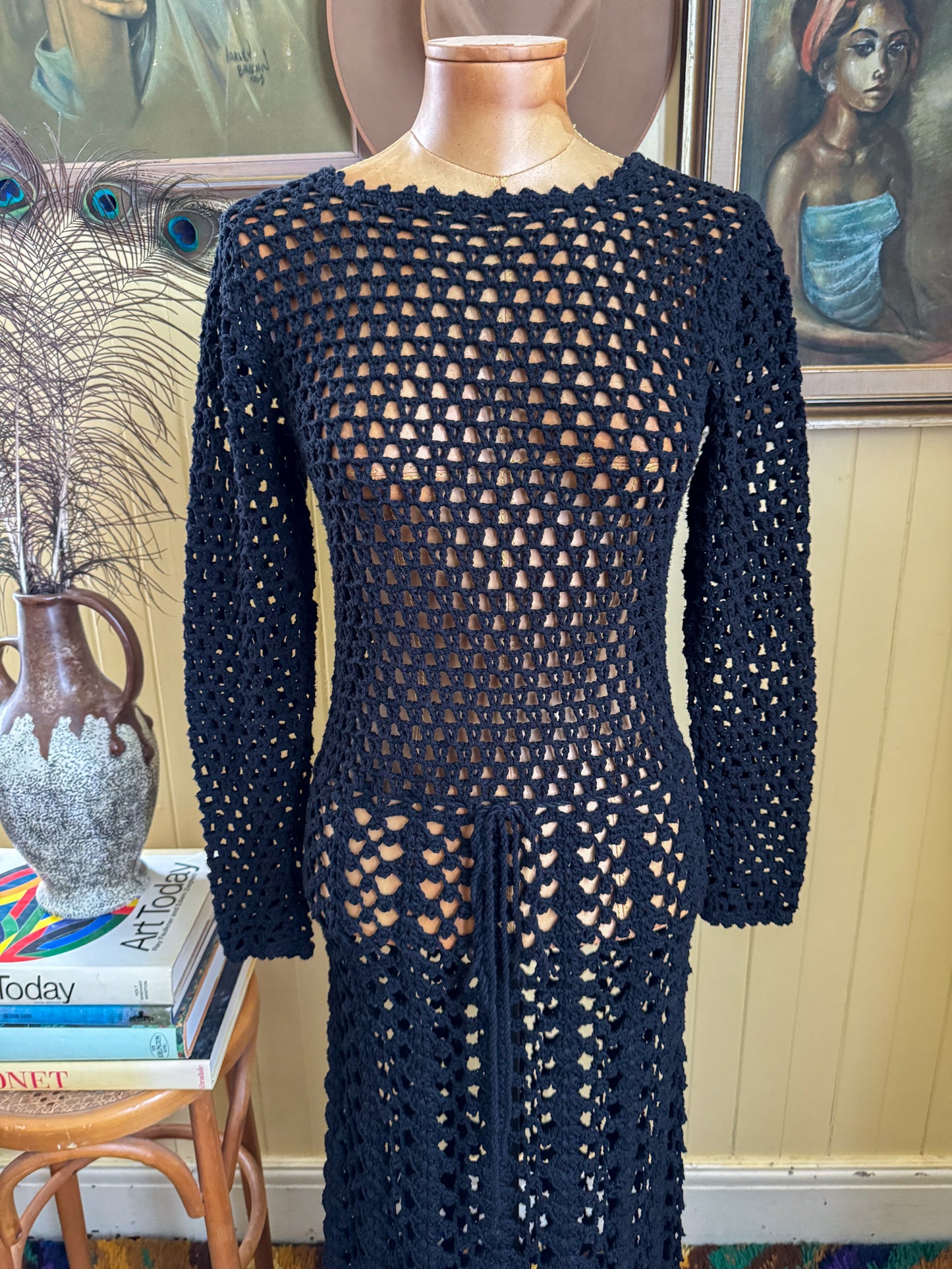 VINTAGE 1970S COTTON CROCHET OPEN WEAVE MAXI DRESS XS