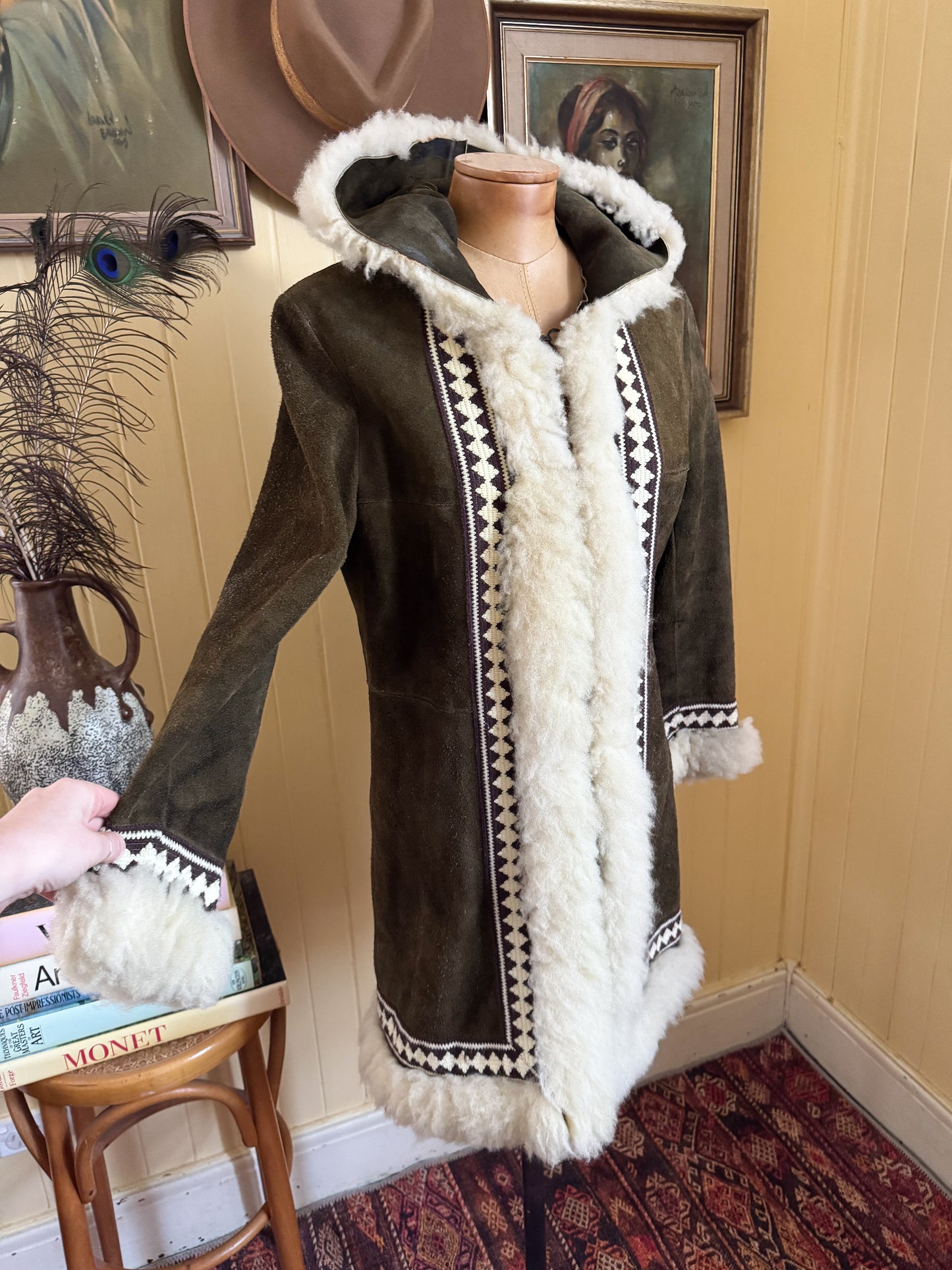 1970S PENNY LANE KHAKI SUEDE LEATHER HOODED SHEARLING LONG COAT S